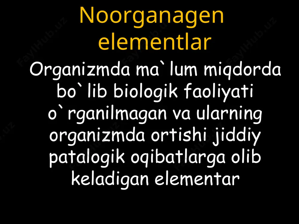 k organizm uchun zaharli organizmda 1*106% miqdorda uchraydi organizmga oziq ovqatlar bilan kuniga 1 mg miqdorda margimush tushadi lekin uning 0,1-0,3 mg miqdori o`limga olib keladi margimushning arsen birikmasi gem faolligini ingibirlaydi natijada eritrositlar gemolizga uchrab buyrak kanallariga tiqiladi organizm sarg`ayishiga olib keladi u atf sintezini ingibirlaydi uglevod aminokislota lipidlar metobolizmini susyatiradi uning ortishi organizmda qorason kasalligini kelib chiqishi sabab bo`ladi ko`p miqdorda odam organizmini zaharlaydigan ushbu noorganik biogen element kam miqdorda bo`lsa yurak qon tomir faoliyatiga qon ishlab chiqarishga ijobiy ta’sir ko’rsatdi. bi ichimlik suvida bo`lganligi tufayli oziq ovqat va suv orqali kuniga 20mg organizmga kirib turadi meda ichakka tushib aminoguruh bilan kompleks hosil qiladi va aminokorbosila peptidaza birikmalarini ingibirlaydi.vismut yurak faoliyatini susaytiradi asosan buyrakda to`planib uning faoliyatini buzadi terida yig`ilishi dermatit kasalligiga sabab bo`ldi sb organizmda 1*106% uchraydi tibbiy biologik xossalariga va farmakologik tasirga ko`ra u margimushga o`xshaydi lekin uning birikmalari nisbatan zaharli xususiyati kamroq suyaklarda taloqda buyrakda …