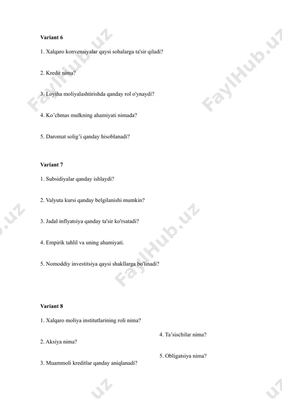 ? variant 20 1. asosiy investitsiya turlari nimalardan iborat? 2. eksport nima? 3. import nima? 4. xalqaro moliya institutlarining roli nima? 5. giper inflyatsiya qanday paydo bo'ladi?