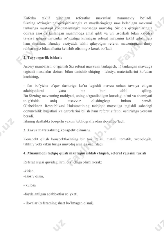 eja referatning muvaffaqiyatli yozilishining g‘oyat muhim shartidir. referatning asosiy qismi o’zining lo’nda va aniq nomiga ega masalalarga va kichik masalalarga (bandlarga) bo’linishi zarur. 5. to‘plangan materialning bir tizimga solinishi va referatning yozilishi kirishda tanlangan mavzuning nazariy va amaliy jihatlardan dolzarbligi asoslanadi, referat qilish maqsadi va vazifalari ifodalanadi. agar referat monografik bo'lsa (bir manba yoki muallif referat qilinayotgan bo‘lsa), unda kirishda quyidagilar ko‘rsatiladi: 1) muallif haqidagi qisqacha ma’lumotlar (ilmiy darajasi, uning ixtisosligi, boshqa ishlari); 2) manba mavzuining qisqacha bayoni; 3) ishning maqsadi; 4) ishning ruknlari; 5) muallifning ustuvor yo’nalishi va boshqalar. asosiy qismda barcha muhim qoidalar aks ettirilishi kerak. referat asosiy qismining matni to'plangan materialning tegishlicha taqsimlanishi bilan masalalarga va kichik masalalarga (bandlarga) bo‘linishi zarur. har qanday masala, kichik masala (band)ning ajratilishi, umuman referatning tuzilmaga solinishi quyidagicha algoritm bo‘yicha bajarilishi lozim: -vazifa -ishlab chiqilishi -xulosa. bayon qilish shakli – referentning tanlashi bo’yicha: konspektli, parchali, tahliliy bo‘ladi. ifodalangan xulosalarni, shuningdek hal etilmay …
