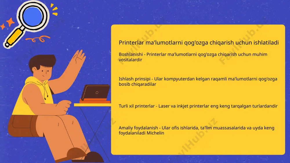foydalanish - tashqi qurilmalar foydalanuvchilarga kompyuterlaridan yanada samarali foydalanishga imkon beradi ular ma'lumotlar almashishni sodda va tez dasturlarni bajarishni osonlashtiradi 15 skannerlar hujjatlarni raqamli formatga o'tkazadi raqamli hujjatlarning afzalliklari raqamli hujjatlar qog'oz hujjatlarga nisbatan saqlashning qulayligini ta'minlaydi. skannerlarning ishlash printsipi skanner hujjatlarni skanerlash orqali raqamli formatga o'giradi va tasvirni saqlaydi. ma'lumotlarni tezkor olish raqamli dokumentlar tezda topiladi va ulardan foydalanish jarayoni soddalashtiriladi. xavfsizlik va himoya raqamli hujjatlar maxfiyligi va xavfsizligini ta'minlaydi, ularga kirish nazorat qilinishi mumkin. 16 printerlar ma'lumotlarni qog'ozga chiqarish uchun ishlatiladi boshlanishi printerlar ma'lumotlarni qog'ozga chiqarish uchun muhim vositalardir ishlash prinsipi ular kompyuterdan kelgan raqamli ma'lumotlarni qog'ozga bosib chiqaradilar 17 image1.png image2.png image3.png image4.png image5.png image6.png image7.png image8.png image9.png image10.png image11.png image12.png image13.png image14.jpg image15.jpg image16.jpg