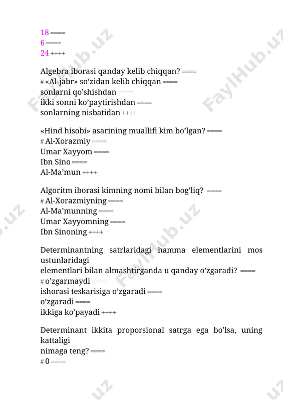 atrisaning determinanti 0 dan farqli bo’lsa ==== matrisaning determinanti 0 ga teng bo’lsa ==== matrisaning determinanti mavjud bo’lsa ==== matrisaning determinanti mavjud bo’lmasa ++++ birlik matrisa deb nimaga aytiladi? ==== # bosh diagonaldagi elementlar 1 lardan iborat bo’lib, boshqa elementlari 0 lardan iborat bo’lgan matrisaga ==== hamma elementlari 1 lardan iborat matrisaga ==== hamma elementlari 0 lardan iborat matrisaga ==== determinanti 0 ga teng matrisaga ++++ qanday matrisalarga teng deyiladi ==== # hamma mos elementlari o’zaro teng ==== satrlar soni satrlari soniga teng ==== ustunlari soni ustunlari soniga teng ==== satrlari soni va ustunlari soni o’zaro teng ++++ matrisalar yig’indisi qanday topiladi? ==== # o’lchamlari birxil bo’lgan matrisa, mos elementlarini qo’shib ==== satrlaridagi elementlarini mos ustunlaridagi elementlariga qo’shib ==== ustunlaridagi elementlarini satrlaridagi elementlariga qo’shib ==== matrisalarning hamma elementlarini qo’shib ++++ matrisani songa ko’paytirish qanday bajariladi? ==== # matrisaning hamma elementlarini shu songa ko’paytirib ==== biror satri elementlarini shu songa ko’paytirib …