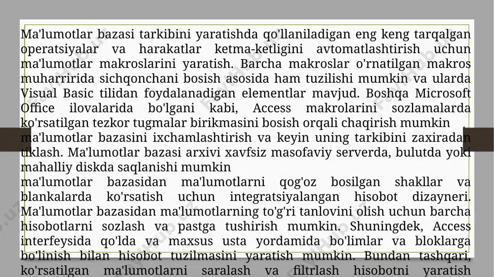 'rovi hisoblanadi. 1.microsoft office keng tarqalgan ofis ishlarini avtomatlashtiruvchi dasturlar paketidir. uning tarkibiga kiruvchi access nomli dastur hozirda mb sifatida keng o’rganilmoqda va qo’llanilmoqd. microsoft access dasturini ishga tushirish uchun masalalar panelidagi «пуск» tugmachasi ustiga sichqoncha ko’rsatkichini olib borib chap tugmachasini bosamiz va «программы» bo’limiga o’tib, microsoft access qismini tanlab olamiz. mbning dastlabki oynasi soddaligi va tushunarliligi bilan ajralib turadi. oynaning birinchi sarlavha satrida amaliy dasturning nomi microsoft access deb yozilgan, ikkinchi satrida esa quyidagi tartibda menyu punktlari joylashgan: uchinchi satrda asboblar paneli piktogrammalari joylashgan: access oynasi ettita obyektdan iborat. bular «объекты» (ob’ektlar), «таблицы» (jadvallar), «запросы» (so’rovlar), «формы» (shakllar), «отчеты» (hisobotlar), «страницы» (saxifalar), «макросы» (makroslar), «модули» (modullar). ularning har biri haqida qisqacha to’xtalib o’tamiz: 1. «таблицы» (jadvallar) — mbning asosiy obyekti. unda ma’lumotlar sakllanadi. 2. «запросы» (so’rovlar) — bu ob’yekt ma’lumotlarga ishlov berish, jumladan, ularni saralash, ajratish, birlashtirish, o’zgartirish kabi vazifalarni bajarishga mo’ljallangan. 3.«формы» (shakllar) — bu obyekt ma’lumotlarni tartibli …