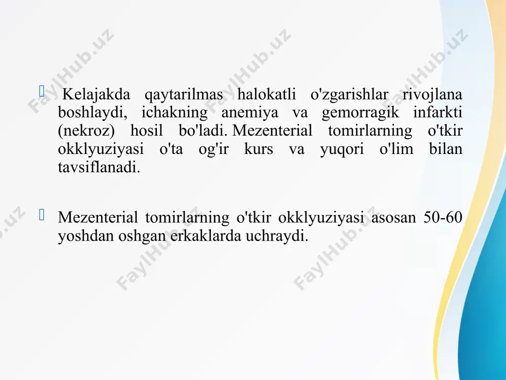 istral va shoxlarida qon oqimining yo'qligini aniqlashi mumkin. agar texnik imkoniyat mavjud bo'lsa, mezenterik tomirlarning magnit-rezonans angiografiyasi amalga oshiriladi. mezenterial tomirlarning o'tkir okklyuziyasi bilan shoshilinch jarrohlik aralashuv ko'rsatiladi, uning maqsadi ichakni uning hayotiyligini baholash bilan tekshirish, asosiy mezenterial tomirlarni tekshirish, qon tomir obstruktsiyasi sababini bartaraf etish va mezenterial qon oqimini tiklash, nekrotizan ichak qismlarini rezektsiya qilish, peritonitning oldini olishdir. ichakning revaskulyarizatsiyasi bilvosita emboliya yoki trombendarteriektomiya orqali amalga oshiriladi, qiyin holatlarda qon tomir protezlari (yuqori mezenterik arteriya protezlari) yordamida rekonstruktiv bypass operatsiyasi amalga oshiriladi. e`tiboringiz uchun rahmat image3.jpeg image4.jpeg image5.jpeg image6.jpeg image2.jpeg