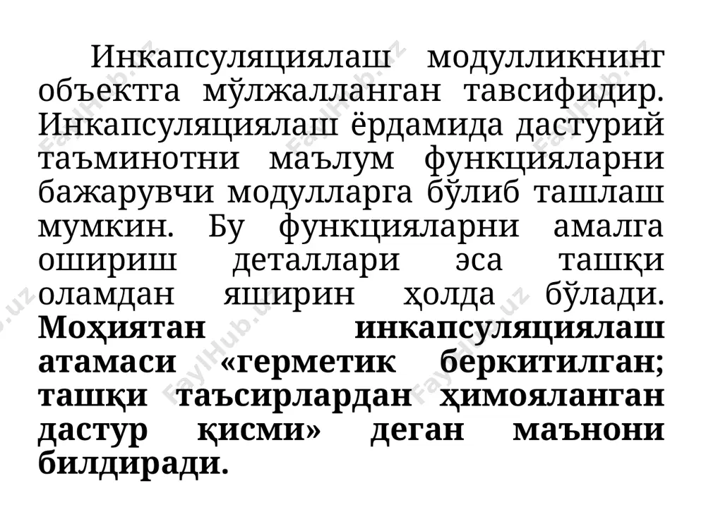 ivаte берилма деб қабул қилади. 3. агар биз аъзо берилмаларга доступни чекламокчи бўлсак уларни умум доступли секцияга жойлаштирмаслигимиз лозим. биз ҳамма секцияларга эга бўлган синф ёзайлик: class tuliqseksiyaliklass { private: int a1; //privat аъзо берилма void setcount(int a_uzgaruvchi); protected: int qiymat; double x; //ҳимояланган аъзо double y; //ҳимояланган аъзо public: а1(double x_uzgaruvchi, double y_uzgaruvchi): double getx(); double gety(); } image1.png image2.png image3.png image4.png image5.png image6.png image7.png image8.png /docprops/thumbnail.jpeg