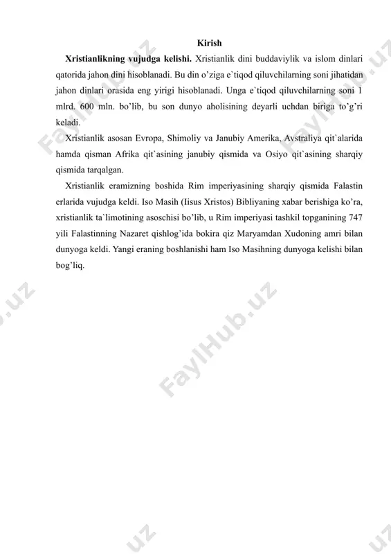 k manbalari isoning o’zi xudo bo’la turib, insoniyatning gunohlarini o’ziga olish uchun odam qiyofasida tug’ilganini, uning tarixiy shaxs ekanini ta`kidlab, uning hayot tarzini, insonlar bilan muloqoti haqidagi keng ma`lumotlarni bersada, diniy bo’lmagan manbalarda isoning nomi uchramaganligini nazarda tutib, u tarixiy emas, balki afsonaviy shaxsdir deguvchilar ham bor. iso nomiga qo’shiluvchi masih so’zi qadimiy yahudiy tili - ivritdagi «moshiax» so’zidan olingan bo’lib, «silangan» yoki «siylangan» ma`nolarini beradi. grekchada bu so’z «xristos» («christos») shakliga ega. bu dinning «xristianlik» yoki «masihiylik» deb atalishi ham shu so’zlar bilan bog’liq. bundan tashqari xristianlik iso masihning tug’ilgan qishlog’i - «nazaret» bilan bog’lab, nazroniyya deb ham atalgan. keyinchalik bu nom nasroniyya, nasroniylik shaklini olgan. iso masih o’z ta`limotini o’zining 12 o’quvisi apostollar - havoriylarga o’rgatdi. ular esa isoning vafotidan keyin ustozlarining talimotlarini har birlari alohida-alohida tarzda kitob shakliga keltirdilar. bu kitoblar bibliyaning «yangi ahd» qismini tashkil etadi. xristianlikning ta`limoti. manbalar xabar berishicha, xristianlik yahudiy muhitida yuzaga kelgan. …