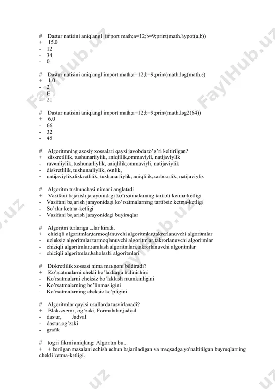 аlаni еchish uchun bаjаrilаdigаn fikrlar to'plami. - - har qanday operatorlar ketma-ketligi - - bеrilgаn mаsаlаni еchish uchun bаjаrilаdigаn va maqsadga yo'naltirilgan buyruqlarning chеksiz kеtmа-kеtligi. # byuruqlar natijasini aniqlang: a=['a','s'];b=('*'.join(a));print(b) + a*s - as - 'a'*'s' - sasa # byuruqlar natijasini aniqlang: a=['a','s','d'];b=('\'.join(a));print(b) + xatolik mavjud - 'a\s\d' - 'a','s','d' - 'asd' # byuruqlar natijasini aniqlang: print(list("rodina")) + ['r', 'o', 'd', 'i', 'n', 'a'] - ['rodina'] - rodina - ['r', 'd', 'i', 'a'] # byuruqlar natijasini aniqlang: a='a/aa///aaa';print(list(a)) + ['a', '/', 'a', 'a', '/', '/', '/', 'a', 'a', 'a'] - ['a', '/', 'a', 'a', '/', '/', '/', ' ', ' a', ' '] - ['a', '/', 'a', 'a', , 'a', 'a', 'a'] - ['a', 'a'] # byuruqlar natijasini aniqlang: a=['alfiya','samir',1];print(a[0]) + alfiya - 'alfiya','samir' - 'samir' - alfiyasamir # byuruqlar natijasini aniqlang: a=[['alfiya','samir',1],['a','b',5]]; print(int(a[0][2])*int(a[1][2])*int(a[1][2])) + 25 - 5 - 15 - 32 # byuruqlar natijasini aniqlang: a=['alfiya','samir',1];print(a[1:2]) + ['samir'] - …