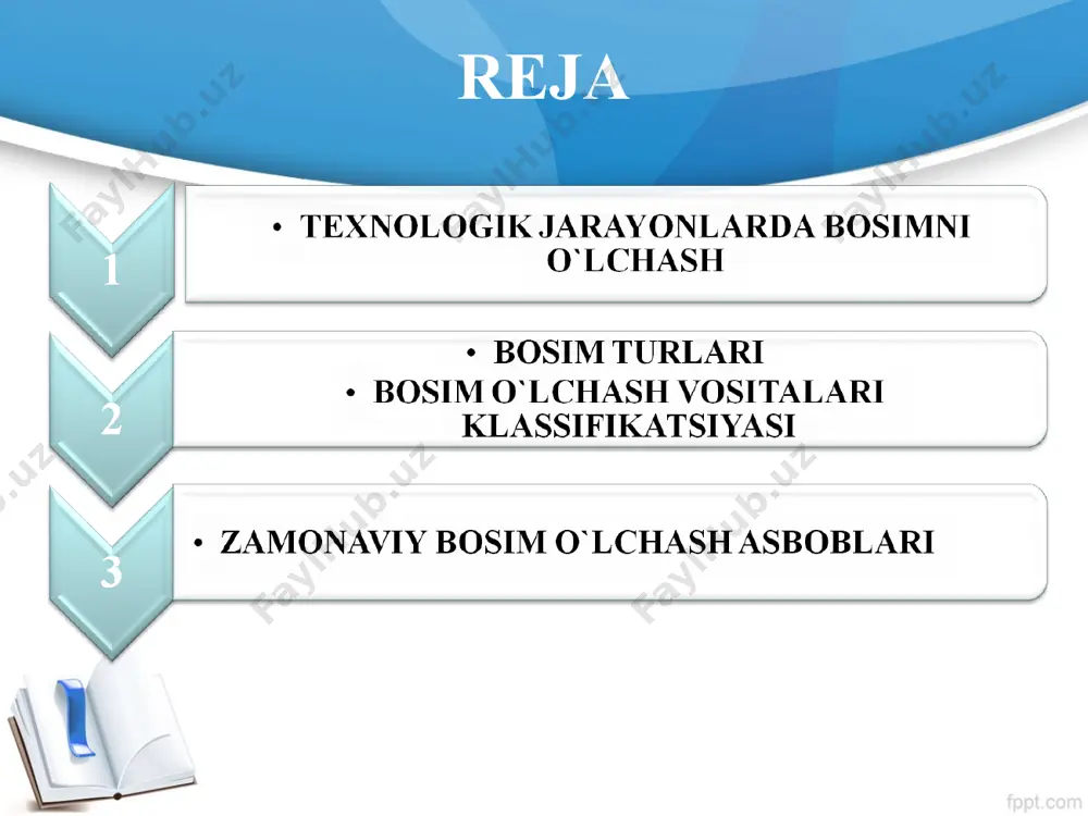 li – o`lchanayotgan bosim suyuqlik ustunining gidrostatik bosimi bilan muvozanatlashtiriladi; deformatsion (prujinali) – bosim elastik elementlarning deformatsiyasi bilan muvozanatlashadi; yuk-porshenli – o`lchanayotgan bosim porshenga qo`yilgan ortiqcha yuk bilan muvozanatlashtiriladi; elektr, ionli va issiqlik turlariga bo’linadi. bosim o`lchash vositalari klassifikatsiyasi prujinali (deformatsion) asboblarning ishlash prinsipi bosim ta’sirida turli elastik elementlarning deformatsiyalanishi yoki ularning kuchini o’lchashga asoslangan. elastik elementda bosim kuchi ta’sirida vujudga keladigan deformatsiyalanish natijasida o’lchash asbobining strelkasi to‘g‘ri chiziqli yoki burchakli shkala bo‘yicha siljib, bosim qiymati p ni ko‘rsatadi. prujinali asboblar ortiqcha bosim, siyraklanish, bosimlar farqi va shu kabilarni o’lchash uchun qo’llanadi. bosim o`lchash vositalari klassifikatsiyasi suyuqlikli bosim o`lchash asboblari bir naychali bosim o`lchash asbobi - bu ikki naychali (u-simon) asboblarning bir turi bo`lib, ikkinchi naycha o`rniga keng idish (tovoq kosa) ishlatiladi. ortiqcha bosim ta’sirida kosadagi suyuqlik sathi pasayib, naychadagi satx oshadi. bosim o`lchash vositalari klassifikatsiyasi yuk porshenli asboblar etalon va namuna asbob sifatida asosan laboratoriya sharoitida, turli manometrlarni tekshirish …