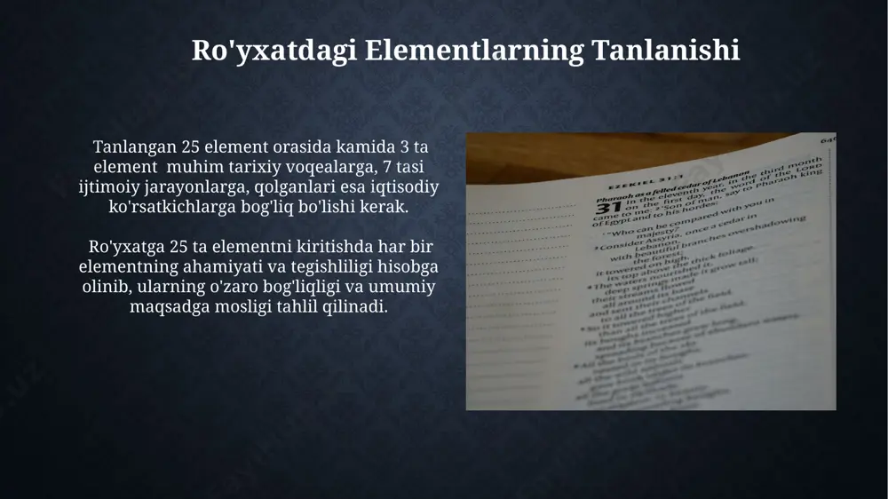 va umumiy natijalarni tahlil qilish orqali samaradorlikni oshirishdan iborat. ro'yxatning global ko'lami ro'yxatga dunyoning 200 dan ortiq mamlakatidan 5 milliondan ziyod foydalanuvchi qo'shilgan bo'lib, bu uning global miqyosdagi keng tarqalganligini ko'rsatadi. ro'yxatning o'rtacha kunlik foydalanuvchi soni 1 millionni tashkil etib, geografik jihatdan turli mintaqalardan foydalanuvchilarning faol ishtirokini namoyish etadi. ro'yxatning tarixiy kelib chiqishi rim imperiyasi davrida, taxminan 100-yilda, aholini ro'yxatga olish va soliqlarni yig'ish maqsadida murakkab ro'yxat tizimlari qo'llanilgan bo'lib, bu demografik ma'lumotlarni to'plashda muhim ahamiyat kasb etgan. qadimgi misrda papirusdan tayyorlangan ro'yxatlar, taxminan 2500 yil avval, davlat xazinasini boshqarish va qurilish loyihalarini rejalashtirishda muhim rol o'ynagan. ro'yxat va iqtisodiyot oʻzbekiston iqtisodiyotining 2022-yildagi yalpi ichki mahsuloti (yaim) hajmi roʻyxatlarning samarali boshqaruvi orqali taxminan 5% ga oshirilishi mumkinligi iqtisodchilar tomonidan taxmin qilinmoqda. kichik va oʻrta biznes subyektlarining 80% dan ortigʻi tovar aylanmasi va moliyaviy hisobotlarni yuritishda elektron roʻyxatlardan foydalanmaydi, bu esa biznes jarayonlarining samaradorligini pasaytiradi. ro'yxatning kelajagi blokcheyn texnologiyasi "ro'yxatning kelajagi"da …