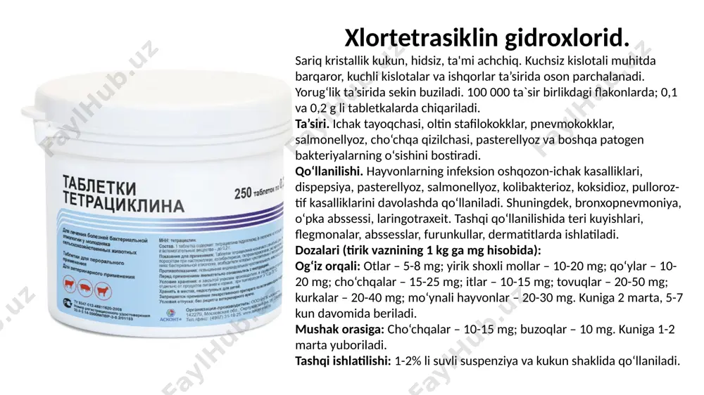 48 soatdan keyin in’ektsiya takrorlanadi. davolash kursi 3 — 4 marta yuborishdan iborat. qo‘llanilishi: yirik shoxli qoramol: nafas yo‘llari kasalliklari, mastit, metrit, e. coli va streptococcus pyogenes tomonidan chaqirilgan yarali infeksiyalar, pasteurelloz – pasteurella haemolytica va pasteurella multocida, tuyoq chirishi, keratokonyunktivit, anaplazmoz. qo‘y va echkilar: nafas yo‘llari kasalliklari, enzootik abort, tuyoq chirishi, metrit, mastit, peritonit – salmonella dublin va streptococcus pyogenes tomonidan chaqirilgan, yarali infeksiyalar – corynebacterium pyogenes, e. coli va staphylococcus aureus. bundan tashqari, dori quyidagi mikroorganizmlarga yuqori sezuvchanlik ko‘rsatadi: proteus spp., pseudomonas spp., campylobacter, mycoplasma, rickettsia, chlamidia. dozalash: mushak orasiga yoki teri ostiga 1 ml dorini 10 kg tana vazniga bir marta yuboriladi, agar zarur bo‘lsa, in’eksiya 48 soatdan keyin qayta takrorlanadi. qo‘llash tartibi 1% tetratsiklinli maz hayvonlarda ko‘z infeksion kasalliklarini davolash uchun qo‘llaniladi: kon’yunktivit, blefarit, traxoma, shox parda zararlanishi va tetratsiklinga sezgir mikroorganizmlar chaqirgan boshqa ko‘z kasalliklari. mazni shisha tayoqcha yordamida hayvonning pastki qovog‘i ostiga qo‘yib, paxta …