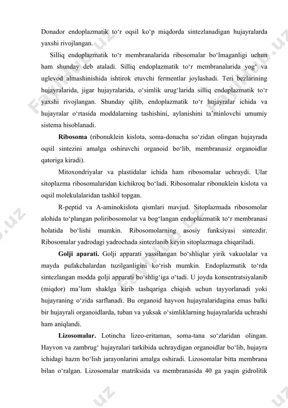 itta membrana bilan о‘ralgan. lizosomalar matriksida va membranasida 40 ga yaqin gidrolitik fermentlar joylashgan bо‘lib, ular oqsillar, nuklein kislotalar, polisaxaridlar, lipidlar va boshqa moddalarni parchalashi mumkin. moddalarni fermentlar yordamida parchalash lizis deyilgani uchun organoid lizosoma deb ataladi. lizosomalar golji apparatida hosil bо‘ladi. lizosomaning hamma fermentlari kislotali sharoitdagina ta’sir qiladi. hujayrada lizosomalar soni 10-100 tagacha va hatto undan ham ortiq bо‘lishi mumkin. golji apparatida hosil bо‘lgan lizosomalarni birlamchi lizosomalar deyiladi. dastlab ularning fermentlari noaktiv holatda bо‘ladi. hujayrada pinatsitoz yoki fagotsitoz vakuolalari hosil bо‘lganidan keyin birlamchi lizosomalar ularga yaqinlashib qо‘shiladi va fermentlari aktivlashib ikkilamchi lizosomlarga aylanadi, sо‘ngra hazm qilish jarayoni boshlanadi. mitoxondriyalar. о‘simlik, hayvon hujayralarida uchraydigan organoidlardir. mitoxondriya nomi (yunoncha- ip dona) degan ma’noni bildiradi. mitoxondriya asosan sitoplazmada bir tekis joylashadi. ular qayerda energiya kо‘proq kerak bо‘lsa, о‘sha yerga tо‘planadi. masalan, kо‘z tо‘r pardasining tayoqcha va kolbachasimon hujayralarida esa ichki bо‘g‘inining bir qismiga yig‘iladi. har xil tо‘qimalarning hujayralarida mitoxondriyalar soni har xil …