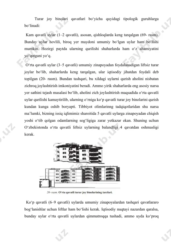 arni yer bilan bog‘lash an’anasi vaqt o‘tishi bilan susaydi. buning o‘rnini almashtirish uchun xonadon tarkibiga har xil yozgi xonalarni kiritish, o‘rta va ko‘p qavatli uylarda kam qavatli uylarga nisbatan har xil qulayliklar, ya’ni markazlashgan issiq suv, isitish, elektr jihozlari va chiqindini olib ketish uchun qulayliklar yaratildi. shu sabablar natijasida o‘zbekiston tabiati, iqlim sharoiti va urf-odatlariga javob beradigan turli xil ko‘p qavatli uylarni loyihalashga qo‘yiladigan talablar ishlab chiqildi. yoz paytlaridagi issiq havo va nisbatan yumshoq, qisqa davrli qish xonadonlarni issiq havodan saqlashni taqozo etadi. bunga esa uylardagi xonalarni quyoshga nisbatan to‘g‘ri qaratish (oriyentatsiya)lash, to‘g‘ri shamollatish, yozgi xonalardan foydalanish, quyoshdan saqlovchi qurilmalarni qo‘llash orqali erishiladi. uylarni quyoshga nisbatan to‘g‘ri oriyentatsiyalashning ma’nosi shundaki, qish paytida xonadonlarning quyosh nuri taftidan ko‘proq foydalanishni, yoz paytida esa, aksincha, xonalarga quyosh nuri kamroq tushishini ta’minlash zarur. bunga erishish uchun yozda quyosh nuri tik tushganligi sababli derazalarda unga qarshi qurilma, ya’ni soyabon o‘rnatilishi kerak. qishda esa quyosh pastlab …