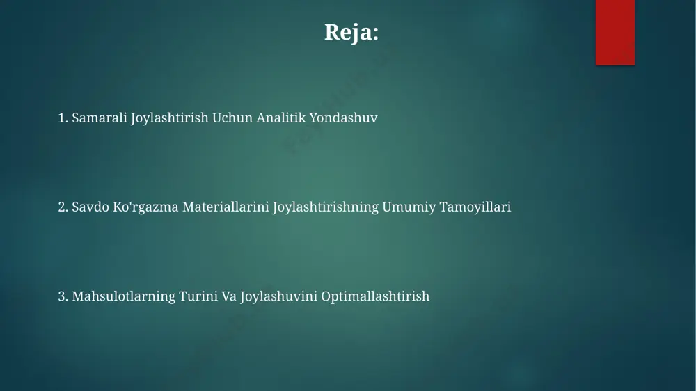teriallari joylashtirishning umumiy tamoyillari kichik do'konlarda, 10 kvadrat metrdan kam maydonda, displeylarni devorlarga, 20-30 gradus burchak ostida, 1,2 metr balandlikda joylashtirish tavsiya etiladi. toshkentdagi yirik savdo markazlarida oʻtkazilgan tadqiqotlar shuni koʻrsatdiki, displey materiallari polga nisbatan 1,5-1,8 metr balandlikda joylashtirilganda e’tiborni 2 barobar oshiradi. savdo displeylarini mijozlarning koʻz oldiga, masalan, supermarketdagi tovarlar joylashgan joylarning 3-5 metr masofasida joylashtirish, 70% ga yaqin sotishni oshirishga yordam beradi. raqobatbardosh mahsulotlar bilan joylashtirish farg'ona bozorlarida 5 ta turli brendning raqobatbardosh mahsulotlarini bir-biriga yaqin joylashtirish natijasida har bir mahsulotning o'rtacha sotish hajmi 10% ga oshgan. toshkentdagi yirik supermarketlarda 30% ga yaqin raqobatbardosh mahsulotlar yonma-yon joylashtirilib, xaridorlarning 15% ko'proq xarid qilish ehtimolini oshiradi. samarqand viloyatidagi chakana savdo do'konlarida o'xshash mahsulotlarni vertikal ravishda, 2-3 qatorga joylashtirish 20% ga sotuvlarni oshirgan. strategik joylashuv: mijozlar oqimini hisobga olish mijozlar oqimini tahlil qilib, 60% mijozlarning harakat yo'nalishini aniqlash orqali, samarqanddagi kiyim-kechak butiklarida tovarlarni joylashtirishni optimallashtirish mumkin. savdo materiallarini supermarketning kirish qismida, …
