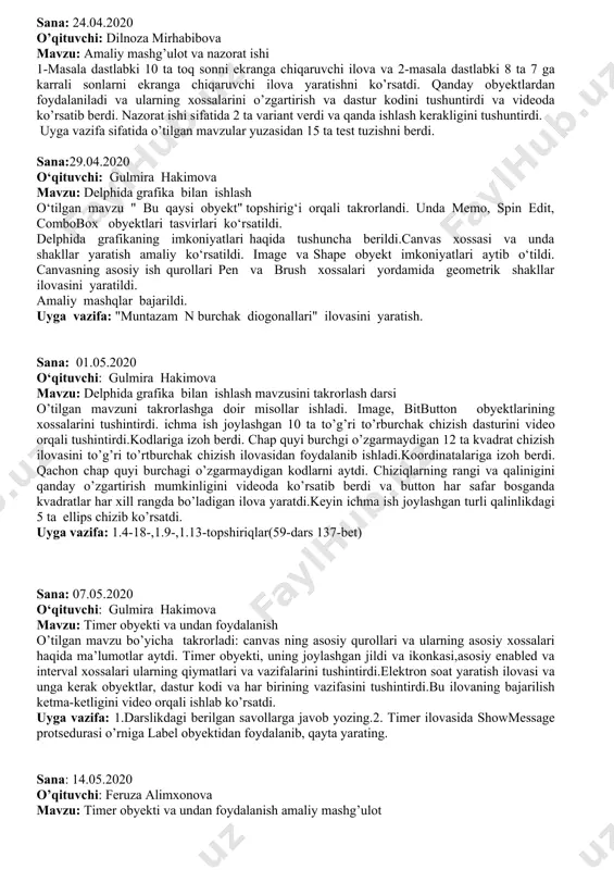 iqaradi. agar bu ro'yxat uzun bo'lib, u obyektga ajratilgan joyga sig'masa, uning o'ng tomonida vertikal surgich paydo bo'ladi. combobox (yashirin ro'yxat qutisi) obyekti oldingilariga nisbatan ancha qulay bo'lib, undan ko'proq foydalaniladi. uning qulay tomoni u kiritish maydonchasi edit kabi каbi joy oladi. uning o'ng tomonidagi uchburchak shaklidagi tugmani bosib, yashirin ro'yxatni ekranga chiqarish mumkin uyga vazifa : 1.darslikning 125-sahifasidagi savollarga javob yozing 2.eng yaxshi futbolchi dasturini shunday o'zgartiringki, fanlardan olgan ballarni hisoblash dasturi bo'lsin (yo'llanma:listbox obektiga fanlarni kiritasiz) sana: 17.04.2020 o’qituvchi: dilnoza mirhabibova mavzu :amaliy mashg’ulot (listbox va combobox obektlari mavzusida amaliy ish) kalkulyator ilovasini ko’rsatdi va unda ishlatilgan komponentalar bilan tanishtirdi. dasturda ishlatilgan kodlarni va o’zgartirishlarni jadval yordamida tushuntirildi keyin video orqali kalkulyator dasturini yaratilishini tushuntirdi. uyga vazifa: kalkulyator ilovasini mustaqil bajarib ko’ring. unga oz’ingiz ijodiy yondashgan holda o’zgarishlar kiriting sana: 22.04.2020 o’qituvchi: dilnoza mirhabibova mavzu:memo boshqarish obyekti. memo obyektining imkoniyatlari va xossalari, joylashgan jildi va qanday so’zning qisqartmasiligini …