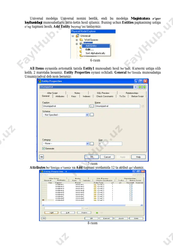 larni bajarish uchun 20.10 rasmdan 20.37 rasmgacha bo‘lgan bosqichdagi ishlarni takrorlaymiz:  keyingi atribut familiya, turi varchar, uzunligi length 20 ta belgi, ok;  qolgan atributlarni ham shu tariqa to‘ldirib chiqamiz;  ichki kalitlarni kiritamiz. buning uchun unique identifiers bo‘limiga o‘tib, add tugmasi yordamida 2 ta kalit qo‘shamiz – zn atributi uchun pk_zn 1-darajali noyob kalitni, hamda ras_ser, pas_raq atributlariga tarkibli n_ps noyob kalit qo‘yamiz. buning uchun edit tugmasini bosib pas_ser, pas_raq atributlarini ro‘yhatning o‘ng qismiga o‘tkazamiz, ok. umumiyjadval munosabatimiz tayyor holatga keladi;  fakultetlar munosabatini yaratamiz. buning uchun entities papkasining ustiga o‘ng tugmani bosib, add entity buyrug‘ini tanlaymiz va all items oynasida hosil bo‘lgan yangi munosabatga fakultetlar deb nom beramiz;  attributes bo‘limiga o‘tib, atributlarini kiritamiz;  unique identifiers bo‘limiga o‘tib, pk_fak_n kalit qo‘shamiz, ok tugmasini bosamiz. fakultetlar munosabati ham tayyor holatga keladi;  yonalishlar munosabatini yaratamiz. attributes bo‘limga o‘tib atributlarini kiritamiz;  unique identifiers bo‘limiga o‘tib pk_yon_n kalit …