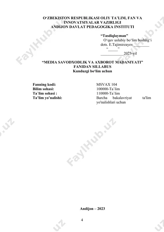 uzilishi va ta’siri s7 ijtimoiy tarmoqlarda axborot xurujlari va taxdidlar s8 ijtimoiy tarmoqlarda axborot xurujlari va taxdidlar s9 media maydonda axborot tarmoqlari madaniyati s10 shaxsga yo‘naltirilgan axborot: psixologik, diniy va madaniy taxdidlar s11 axborot xavfsizligini ta’minlash g'oyaviy-nazariy asoslari s12 o‘zbekistonda axborot xavfsizligining xuquqiy asoslari s13 virtual o‘yinlarning yoshlar ongiga ta’siri s14 virtual o‘yinlarning yoshlar ongiga ta’siri s15 media maydon va internet imkoniyatlari asosiy adabiyotlar 1 ya.mamatova. s.sulaymanova. o‘zbekiston mediatalim taraqqiyot yo‘lida. o‘quv qo’llanma. extremum-press, 2015-94.6 yaxyo, muxammad amin. internetdagi taxdidlardan ximoya. yordamchi o’quv qo’llanma. movarounnaxr, 2016.-672 b 3 a.v. fedorov. mediaobrazovaniya i mediagramotnost uchebnoye posobiye. m. 2018 4 media va axborot savodxonligini shakllantirish yuridik jixatlari. extremum-press 2017-142/6 5 б.намозов, м.файзиев, ғ.джалилов. медия ва ахборот саводхонлиги.педагоглар учун методик қўлланма. тошкент-2018 qo‘shimcha adabiyotlar 1 axmetova l.s. mediaobrazovaniya i mediagramotnosti: teoriya, metodologiya, praktika. uchebnoye posobiye. kazgu 2016 g 2 amirov d.m. axborot-kommunikatsiya texnologiyalari izohli lug‘ati. 2010 3 burxanov x. m. internet xavfsizligini taminlashda …