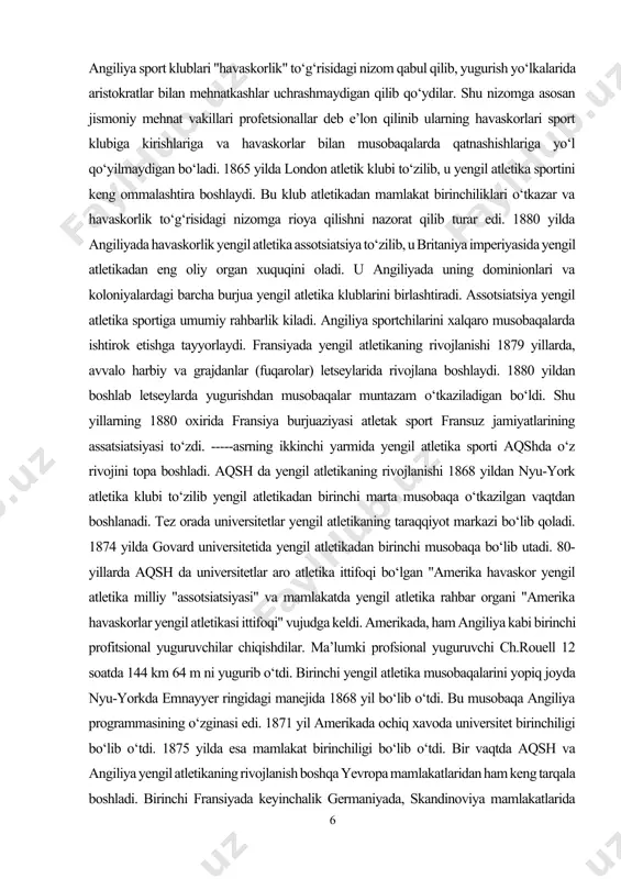 past" tabaqa vakillariga yutqazishga yo‘l quya olmas edilar. shu munosabat bilan, 1864 yilda angiliya sport klublari "havaskorlik" to‘g‘risidagi nizom qabul qilib, yugurish yo‘lkalarida aristokratlar bilan mehnatkashlar uchrashmaydigan qilib qo‘ydilar. shu nizomga asosan jismoniy mehnat vakillari profetsionallar deb e’lon qilinib ularning havaskorlari sport klubiga kirishlariga va havaskorlar bilan musobaqalarda qatnashishlariga yo‘l qo‘yilmaydigan bo‘ladi. 1865 yilda london atletik klubi to‘zilib, u yengil atletika sportini keng ommalashtira boshlaydi. bu klub atletikadan mamlakat birinchiliklari o‘tkazar va havaskorlik to‘g‘risidagi nizomga rioya qilishni nazorat qilib turar edi. 1880 yilda angiliyada havaskorlik yengil atletika assotsiatsiya to‘zilib, u britaniya imperiyasida yengil atletikadan eng oliy organ xuquqini oladi. u angiliyada uning dominionlari va koloniyalardagi barcha burjua yengil atletika klublarini birlashtiradi. assotsiatsiya yengil atletika sportiga umumiy rahbarlik kiladi. angiliya sportchilarini xalqaro musobaqalarda ishtirok etishga tayyorlaydi. fransiyada yengil atletikaning rivojlanishi 1879 yillarda, avvalo harbiy va grajdanlar (fuqarolar) letseylarida rivojlana boshlaydi. 1880 yildan boshlab letseylarda yugurishdan musobaqalar muntazam o‘tkaziladigan bo‘ldi. shu yillarning …