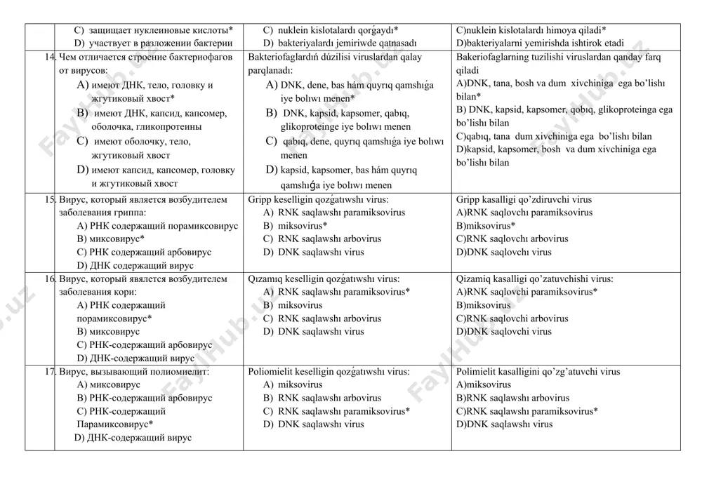 сид, капсомер, оболочка, гликопротеин c) рнк, капсид, капсомер, қабық, гликопротеин d) рнк, рибонуклеопротеин, белковая оболочка, липидная оболочка, гликопротеин aijs virusınıń dúzilis quramı: a) rnk, qabıq, glikoprotein, beloklı qabıq, keri transkriptaza fermenti* b) dnk, kapsid, kapsomer, qabıq, glikoprotein c) rnk, kapsid, kapsomer, qabıq, glikoprotein d) rnk, ribonukleoprotein, beloklı qabıq, lipidli qabıq, glikoprotein aijs virusining tuzilish tarkibi: a) rnk, qobıq, glikoprotein, oqsillı qobıq, teskari transkriptaza fermenti* b) dnk, kapsid, kapsomer, qobıq, glikoprotein c) rnk, kapsid, kapsomer, qobıq, glikoprotein d) rnk, ribonukleoprotein, oqsillı qobıq, lipidli qobıq, glikoprotein 13. какую функцию выполняет белок вируса: a) растворяет оболочку бактерии b) разрушает мембрану клетки c) защищает нуклеиновые кислоты* d) участвует в разложении бактерии virustıń belogi qanday hızmet atqaradı: a) bakteriya qabıǵın eritedi b) kletka membaranasın buzadı c) nuklein kislotalardı qorǵaydı* d) bakteriyalardı jemiriwde qatnasadı viruslarning oqsili qanday vazifani bajaradi a)bakteriyalar qobig’ini eritadi b)kletka memebranasini buzadi c)nuklein kislotalardı himoya qiladi* d)bakteriyalarni yemirishda ishtirok etadi 14. чем отличается …