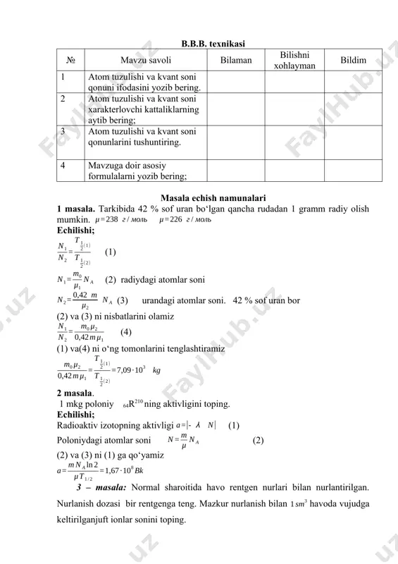 iv izotopning aktivligi (1) poloniydagi atomlar soni (2) (2) va (3) ni (1) ga qo‘yamiz 3 – masala: normal sharoitida havo rentgen nurlari bilan nurlantirilgan. nurlanish dozasi bir rentgenga teng. mazkur nurlanish bilan havoda vujudga keltirilganjuft ionlar sonini toping. yechilishi: rentgen nurlanish ekspozisiya dozasi bilan havo massasida hosil qilingan ionlar (1) zaryad olib o’tadi. havoning massasi va hajmi (2) nisbatda bog’langan; bunda - havoning bosimi, – uning temperaturasi, - bir kilomol massa va - gaz doimiysi. qidirilayotgan juft ionlar soni (3) ga teng, bunda har bir ion zaryadi. (1), (2) va (3) dan (4) ga ega bo’lamiz. masalani shatriga ko’ra , simob ustuni , , , va . shu ma’lumotlarni (4)ga qo’ysak, juft ion ekanligi kelib chiqadi. 4- masala: sun’iy ravishda olingan radoktiv kalsiy izotopi 20 da 164 sutka yarim yemirilish davriga ega. 1 mkg bu preparatning aktivligini toping. yechilishi. ∆t vaqti mobaynida yemirilgan radioaktiv modda atomlari soni formulasi bilan …