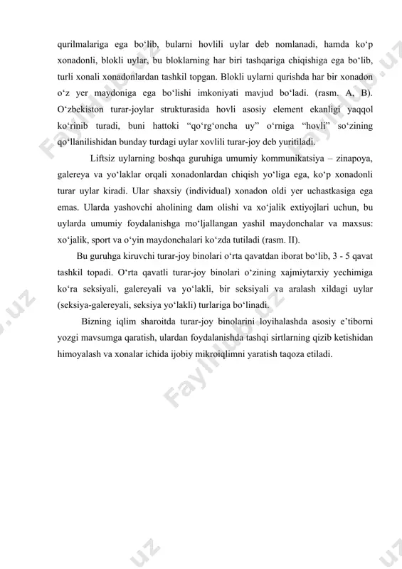 qurishga imkon beradi. qo‘rg‘oncha turidagi hovlili uylar o‘zining yer maydoniga ko‘ra ikki xil bo‘ladi, shahar va qishloq uylari. shaxar va qishloq hovlili uylari asosan 1yoki 2 qavatli qilib quriladi. ular yer maydonining katta –kichikligiga qarab, yerdan foydalanish xarakteriga ko‘ra va arxitekturaviy-tarxiy yechimi bo‘yicha farqlanadi. shahardagi hovlili uylarning maydoni katta bo‘lmaydi (200-600 m.kv.), bu yerda aholini yashashdan maqsad yoz kunlari ochiq muhit – hovlidan foydalanishdir. lekin qishloq uylarida aholi o‘zining shaxsiy tomorqasiga ega bo‘lib, u yerda ishlaydi. qishloq xovlili uylarining maydoni 0,15 ga gacha bo‘lishi mumkin. hovlili uyning uchta asosiy turi mavjud: alohida binoli uylar – turaruy va hovlidagi xo‘jalik qurilmalari bilan; xo‘jalik xonalari uy ichiga yoki uyga ulab qurilgan hovlili uylar va ichki turar-uy hovlisi atrofida turar-uy va xo‘jalik xonalari kompleksi ega, rivojlangan tuzilishga ega xovlili uylar (rasm). rasm. qo‘rg‘oncha turidagi hovlili uyning joylashuvi: 1-yashash xonalari; 2-xo‘jalik xonalari. qo‘rg‘oncha turidagi hovlili uyni tashkil qilish uy rejasiga ya’ni, birinchi navbatda, undagi …