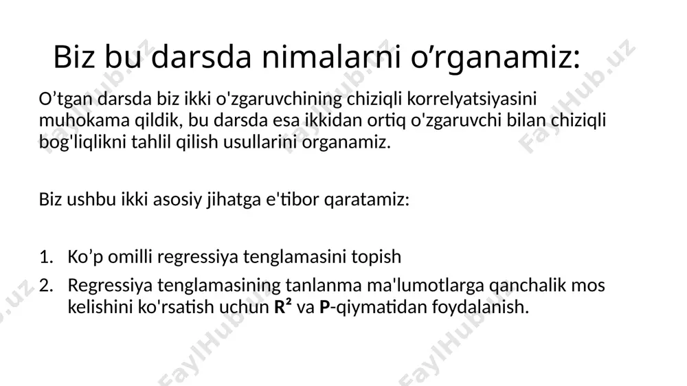 dan ancha kengdir. misol 1: vaznni bashorat qilish "body data" ma'lumotlar to'plami 1-da a ilovasi bo'ycha bo'y (sm), belning aylanishi (sm), va vazn (kg) kabi ko'rsatkichlarni o'z ichiga oladi, ular 153 nafar erkakdan olingan. ko'p o'zgaruvchili regressiya tenglamasini toping, unda javob o'zgaruvchisi (y) erkakning vazni bo'ladi, va bashorat qiluvchi o'zgaruvchilar bo'y (x₁) va bel aylanishi (x₂). yechim statdisk dasturidan foydalanib, data set 1-dagi namunalar asosida, quyidagi natijalarni olamiz. b₀, b₁, b₂ koeffitsiyentlari ko'p o'zgaruvchili regressiya tenglamasida ishlatiladi: yoki vazn = bo'y + bel aylanishi ikkinchi formatning ustunligi shundaki, o'zgaruvchilar rolining izchil bo'lishini kuzatish osonroqdir. agar ko'p o'zgaruvchili regressiya tenglamasi namunaviy ma'lumotlarga mos tushsa, u bashorat qilish uchun ishlatilishi mumkin. masalan, agar biz misol 1-dagi ko'p o'zgaruvchili regressiya tenglamasi bashorat qilish uchun mos ekanligini aniqlasak, erkakning bo'yi va bel aylanishidan foydalanib uning vaznini bashorat qilishimiz mumkin. lekin ko'p o'zgaruvchili regressiya tenglamasi namunaviy ma'lumotlarga qanchalik yaxshi mos tushishini qanday aniqlaymiz? buni aniqlashda …