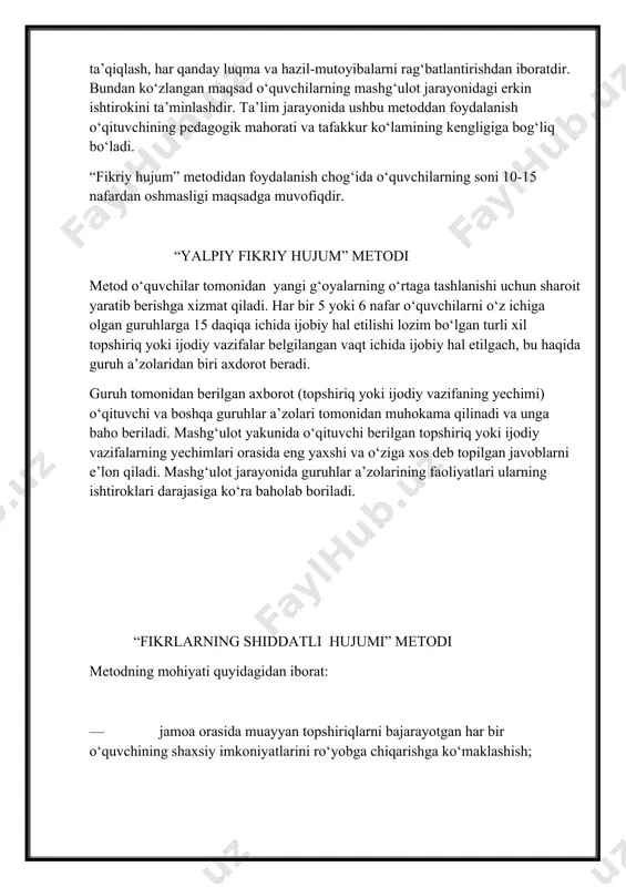 ‘g‘ri hal etilganligiga ko‘ra turkumlarga ajratish; 5-bosqich: topshiriqlarning yechimlarini qayta turkumlashtirish, ya’ni ularning to‘g‘riligi, yechimni topish uchun sarflangan vaqt, yechimlarning aniq va ravshan bayoni etilishi kabi mezonlar asosida baholash; 6-bosqich: dastlabki bosqichlarda topshiriqlarning yechimlari yuzasidan bildirilgan muayyan tanqidiy mulohazalarni muhokama etish hamda ular borasida yagona xulosaga kelish. metodni qo‘llash jarayonida quyidagi holatlar yuzaga keladi: — o‘quvchilar tomonidan muayyan nazariy bilimlarning puxta o‘zlashtirilishiga erishish; — vaqtni iqtisod qilish; — har bir o‘quvchini faollikka undash; — ularda erkin fikrlash layoqatini shakllantirish. “6x6x6” metodi “6x6x6” metodi yordamida bir vaqtning o‘zida 36 nafar o‘quvchini muayyan faoliyatga jalb etish orqali ma’lum topshiriq yoki masalani hal etish, shuningdek, guruhlarning har bir a’zosi imkoniyatlarini aniqlash, ularning qarashlarini bilib olish mumkin. bu metod asosida tashkil etilayotgan mashg‘ulotda har birida 6 nafardan ishtirokchi bo‘lgan 6 ta guruh o‘qituvchi tomonidan o‘rtaga tashlangan muammoni muhokama qiladi. belgilangan vaqt nihoyasiga yetgach o‘qituvchi 6 ta guruhni qayta tuzadi. qaytadan shakllangan guruhlarning har birida …