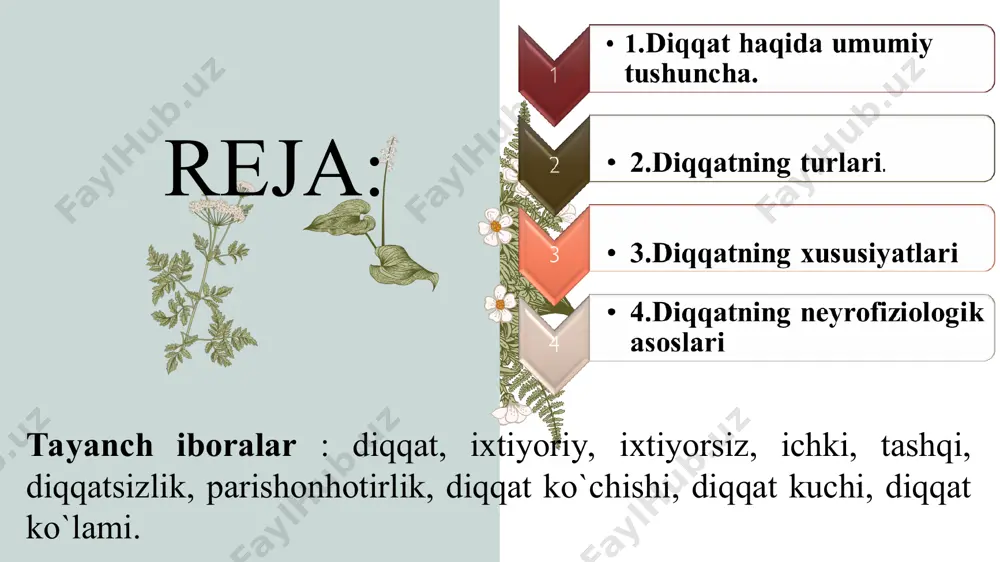 r berishlikni, ya’ni irodaviy kuch sarf etishni talab etadi * ixtiyorsiz diqqat ixtiyorsiz diqqat deb to‘satdan ta’sir qilgan biror sabab tufayli bizning xohishimizdan tashqarida hosil bo‘ladigan diqqatga aytiladi. masalan: hikoya o‘qish jarayonida reaktiv samalyotning qattiq va bahaybat tovushi, chiroyli musiqa ohangi, ko‘z o‘ngingizda paydo bo‘lgan yorqin ranglar, yorqin rangli predmetlar, biror narsaning keskin harakati. заголовок презентации * заголовок презентации * ixtiyoriydan keyingi diqqat avtomatlashgan diqqat bo‘lib, dastlab diqqat qilish talab qilinadi, malaka va ko‘nikma hosil qilingandan keyin ya’ni, o‘zlashtirilgandan so‘ng diqqat talab qilinmaydi. * * diqqatning xususiyatlari * 4.diqqatning neyrofiziologik asoslari diqqatning fiziologik asosini a.a uxtomskiy va i.p.pavlov kashfiyotlari va ilmiy ishlari ochib beradi. nerv sistemasiga bir qancha qo‘zg‘ovchilar bir vaqtda tasir qilsa bosh miya po‘stida shu ongning o‘zida bir necha qo‘zg‘alish o‘choqlari paydo bo‘ladi. название презентации * название презентации bir vaqtning o‘zida bir nechta qo‘zg’alish o‘choqlari yuzaga kelganda g‘olib bo‘lgan qo‘zg‘alish o‘chog‘i dominanta deb nomlanadi. dominanta subdominantaga, subdominanta dominantaga …