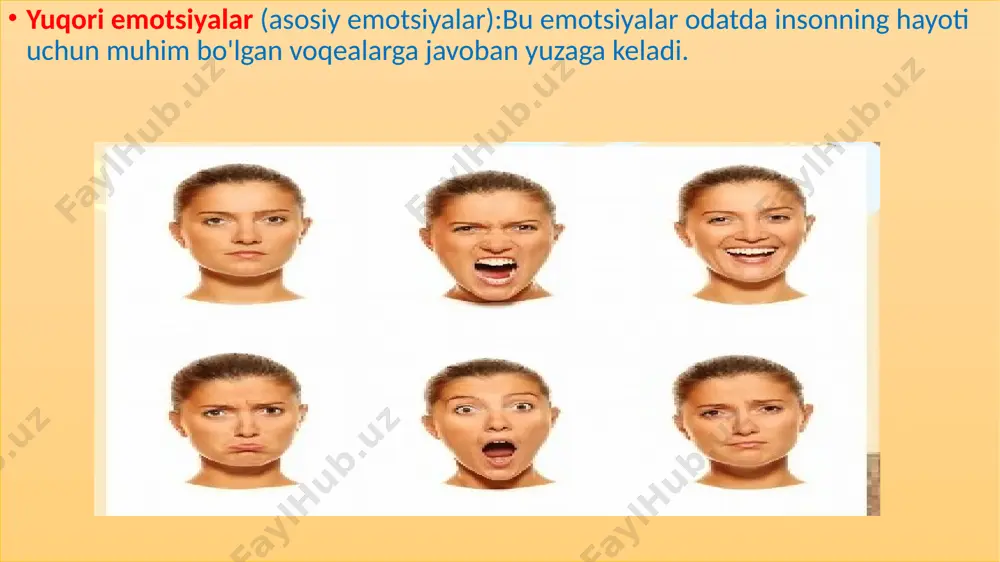 siya emotsiyalarni susaytirishi, odamni o'z his-tuyg'ularini ifodalashda qiyinchilikka duchor qilishi mumkin. maniya: bu-emotsiyalar haddan tashqari kuchayadi, odam juda xursand, energiya bilan to'lib, hayotda ortiqcha optimizmni ko'rsatadi. afektiv labilitet (emotsional o'zgaruvchanlik): bu holatda insonning kayfiyati juda tez o'zgaradi. bir necha daqiqalar ichida baxtli va xursand bo'lishdan, qayg'u yoki g'azab holatiga o'tishi mumkin. bu holat asab tizimi kasalliklari yoki ruhiy kasalliklar bilan bog'liq bo'lishi mumkin. afektiv xiralashish: bu holatda insonda emotsiyalar juda sust ifodalanadi yoki umuman yo'q bo'ladi. insonning kayfiyati yomon bo'lsa-da, u bu haqida hech qanday hissiy reaktsiya bildirmaydi. bu holat ba'zan shizofreniya yoki boshqa jiddiy psixozlarga xos bo'lishi mumkin. nafrat va qo'rquvning patologik shakllari: fobiya: noo'rin va haddan tashqari qo'rquv hisi. fobiyalar odamning kundalik faoliyatiga salbiy ta'sir ko'rsatishi mumkin (masalan, balandlikdan yoki yopiq joylardan qo'rqish). irritabilite (g'azablanish): kichik voqealarga nisbatan haddan tashqari g'azab yoki bezovtalik. image1.png image2.png image3.png image4.png image5.png image6.png image7.png /docprops/thumbnail.jpeg