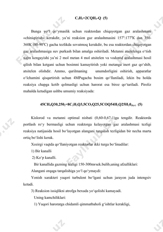 l pirrolidon eritmalarida selektiv absorbsiya yoki suyuq ammiakda past haroratda xamda atseton, metanolda absorbsiyalab ajratib olinadi shunday keyin hosil bo‘lgan sintez-gaz quyidagi tarkibda bo‘lishi mumkin (% hajmiy): н2 со сн4 n2 c2н2 спнм 61,9 28,3 6,8 2,3 0,1 0,6 bunday gaz so‘ngra metan va uglerod monooksidi konversiyasiga n2qн2 aralashmasi olish uchun yuboriladi. odatda, bu vaqtda, quvursimon o‘choqli konvertor o‘rniga metanni qonli konvertorda bug‘-xavoli konversiyasi ishlatiladi: uglerod monooksidi esa bug‘ ishtirokida 2 pog‘onali konvertorda konversiyalanadi. yoqilg‘ini gazlashtirish. tabiiy gaz va neft xazinalari dunyoda kamaya borayotganligi va aksincha, tosh va qo‘ng‘ir ko‘mirlar xazinasi ko‘pligi uchun, kelajakda sun’iy suyuk motor yoqilg‘isi, xamda texnologik-gazlar ishlab chikarish, past navli qattiq yoqilg‘ilarni gazlashtirish va suyuqlantirish (gidrogenizatsiya yo‘li bilan) hisobiga ta’minlanishi mumkin. gazlashtirishda ko‘mirlardan tashqari koks , antratsit, slanets, torflar va boshqalar qo‘llana boshlandi. ko‘mirlarni gazlashtirish natijasida asosan vodorod va suv bug‘i yordamida vodorodga aylantiriladigan uglerod monooksiddan iborat generator gazi (н2qсо) olinadi. yeqilg‘ini gazlashtirishda qo‘llanayotgan oksidlovchining turiga …