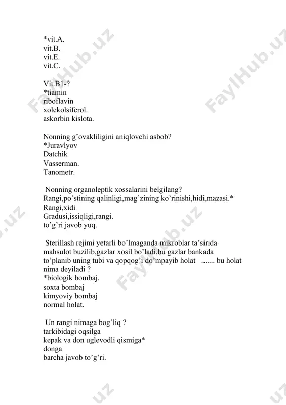 lar nisbati(oqail,yog’,uglevod)ni belgilang? 1:1:3 *1:1:4 1:1:2 0.1:0.1:1 qaysi vitamin organizmda kaltsiy bilan fosforni so’rilishida ishtrok etadi? *vit d vit c vit b vit a mineral moddalarni belgilang ? a,e vit. *ca,mg. c,d vit. to’g’ri javob yuq. kvashiorkor-bu qanday kasallik? ca yetishmasligidan uglevod yetishmasligidan *aminokislota yetishmasligidan barcha javob to’g’ri oqsil yetishmasligida organizmda nimalar o’zgaradi? qoni kamayadi semirib ketadi o’sish rivojlanish buziladi* o’zgarish bo’lmaydi depressiya,tajanglik,bosh og’rishi,bosh aylanishi-qaysi vitamin yetishmasligida kuzatiladi? b12 b2 *b6 a vit.c yetishmaslik belgilari? terida yaralar xosil bo’lishi,bosh og’rishi kamqonlik,xolsizlik *ishtaxasizlik,virusli kasalliklar bilan ko’p og’rish.* barchasi to’g’ri maktabgacha yoshdagi bolalar necha maxal ovqatlanadi? *5 4 6 1 oziq-ovqatlarni tashqi ko’rinishi,xidi,mazasi,konsistensiyasi ni aniqlash,qaysi usulga kiradi? *organoleptik bakteriologik biologic xech qanday usulga kirmaydi dsenm nechta bo’limdan iborat ? *4ta:sanitariya-gigiyena,epidemiologiya,dezinfeksiya,ekologiya. 3ta:sanitariya-gigiyena,dezinfeksiya,parazitologiya. 2ta :sanitariya-gigiyena,epidemiologiya. bo’linmaydi. nutritsiologiya qanday so’zdan olingan ? *lot.nutrio-ovqatlanish,logus-ta’limot. yunon.nutrio-sog’lom bo’lish,logus-ta’limot. lot.nutrio-element,logus –ta’limot. lot.nutrio-oila,loguz-ta’limot. »kimki sog’lom turmush tarziga erishmoqhi bo’lsa,ovqatlanish tartibiga,sifatiga,ovqat iste’mol qilish vaqtiga e’tibor qaratmog’i lozim » deb ta’kidlagan ? …
