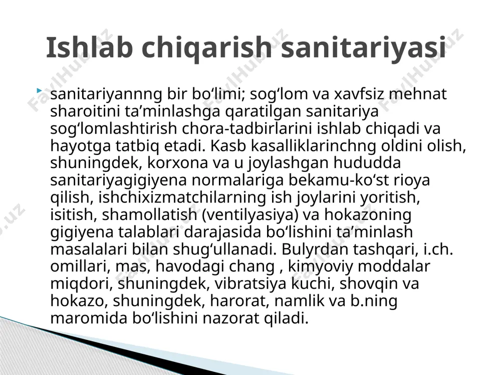 iy moyillik holatlari katta ahamiyatga egadir. davolovchi-profilaktik ovqatlar 3 turga bo’linadi: maxsus davolovchi - profilaktik ratsionlar; sut va sut mahsulotlari; vitaminlar. ovqatlarning zaruriy spetsifik ta‘sirini hisobga olib 5 ta davolovchi- profilaktik ratsionlar ishlab chiqilgan. bu ratsionlarga kiritilgan asosiy mahsulotlar qatoriga - non,un mahsulotlari, yormalar, makaronlar, dukkakli o’simlik mahsulotlari, qant, go’sht, baliq, jigar, tuxum, kefir, sut, tvorog, qaymoq, pishloq, hayvon yog’lari kiradi. ovqat mahsulotlarining miqdori va ularning ta‘sir ko’rsatish tabiati zararli omillarning turi va kasblarga muvofiq belgilanadi. ishchilarga davolovchi-profilaktik ovqatlarni belgilash №1 - ratsion - ionlantiruvchi nurlanish manbalari bilan aloqada bo’ladigan shaxslar uchun mo’ljallangan. bu ratsion organizmda yog’ almashinuvini stimullaydigan va jigarning antitoksik funksiyasini oshiruvchi ovqat mahsulotlari. №2 - ratsion - fosfor, ishqoriy metallar, simob va uning anorganik birikmalari, qo’rg’oshin birikmalari, sian birikmalari va fosgen bilan aloqada bo’ladigan ishchilarga mo’ljallangan. ratsion oqsillarga boy, o’zida o’ta to’yinmagan yog’ kislotalarini tutuvchi, kalsiyga boy bo’lgan mahsulotlardan tashkil topgan bo’lib, organizmda zararli moddalarning to’planishini sekinlashtirish …