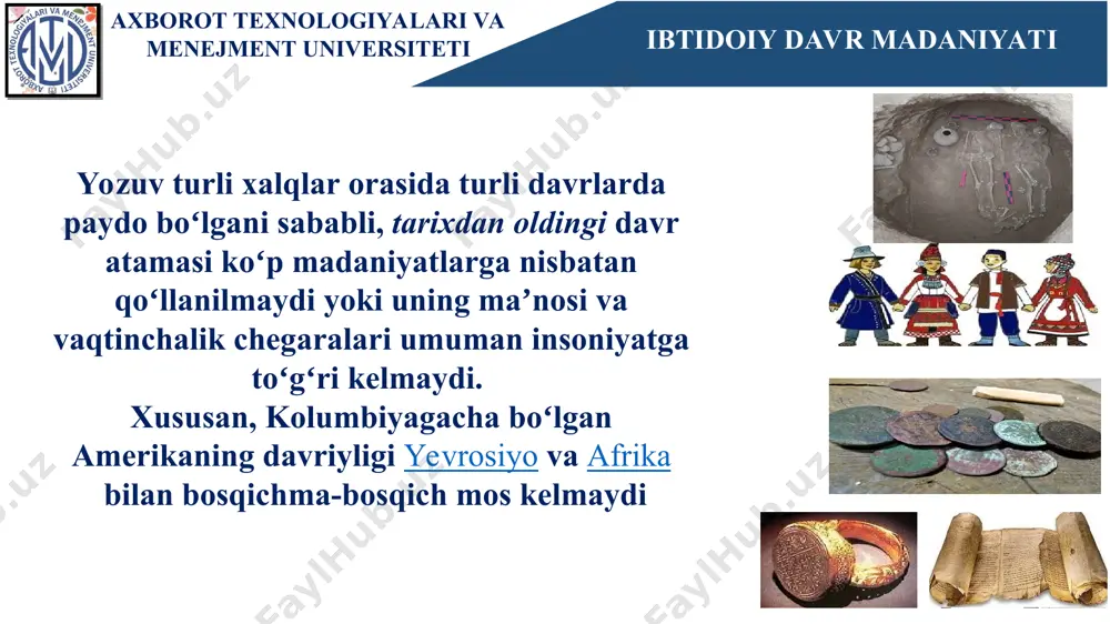 lik insoniyat faoliyatida hukmronlik qilgan, xususiy mulk boʻlmagan, tenglik mavjud edi. ibtidoiy davr madaniyati vahshiylik bosqichida dehqonchilik va chorvachilik paydo boʻladi, xususiy mulk va ijtimoiy ierarxiya vujudga keladi uchinchi bosqich — sivilizatsiya davlat, sinfiy jamiyat, shaharlar, yozuv va boshqalarning paydo boʻlishi bilan bogʻliq axborot texnologiyalari va menejment universiteti eng rivojlangan davrlash arxeologik boʻlib, u texnogen asboblarni, ularning materiallarini, turar-joy shakllarini, qabrlarni va boshqalarni taqqoslashga asoslangan. ushbu tamoyilga koʻra, insoniyat tarixi asosan ilk tosh davri, oʻrta tosh davri, soʻngi tosh davri, oʻrta tosh davri, yangi tosh davri, yangi tosh davri (barcha xalqlar emas), mis davri boʻlinadi barcha xalqlar) bronza va temir davri ibtidoiy davr madaniyati axborot texnologiyalari va menejment universiteti paleolit ilk paleolit — eng qadimgi inson turlarining paydo boʻlishi va homo erectusning keng tarqalishi davri. oʻrta paleolit — erektusning evolyutsion jihatdan rivojlangan inson turlari, shu jumladan zamonaviy odamlar tomonidan siljishi davri. neandertallar butun oʻrta paleolit davrida yevropada hukmronlik qildilar. soʻngi …