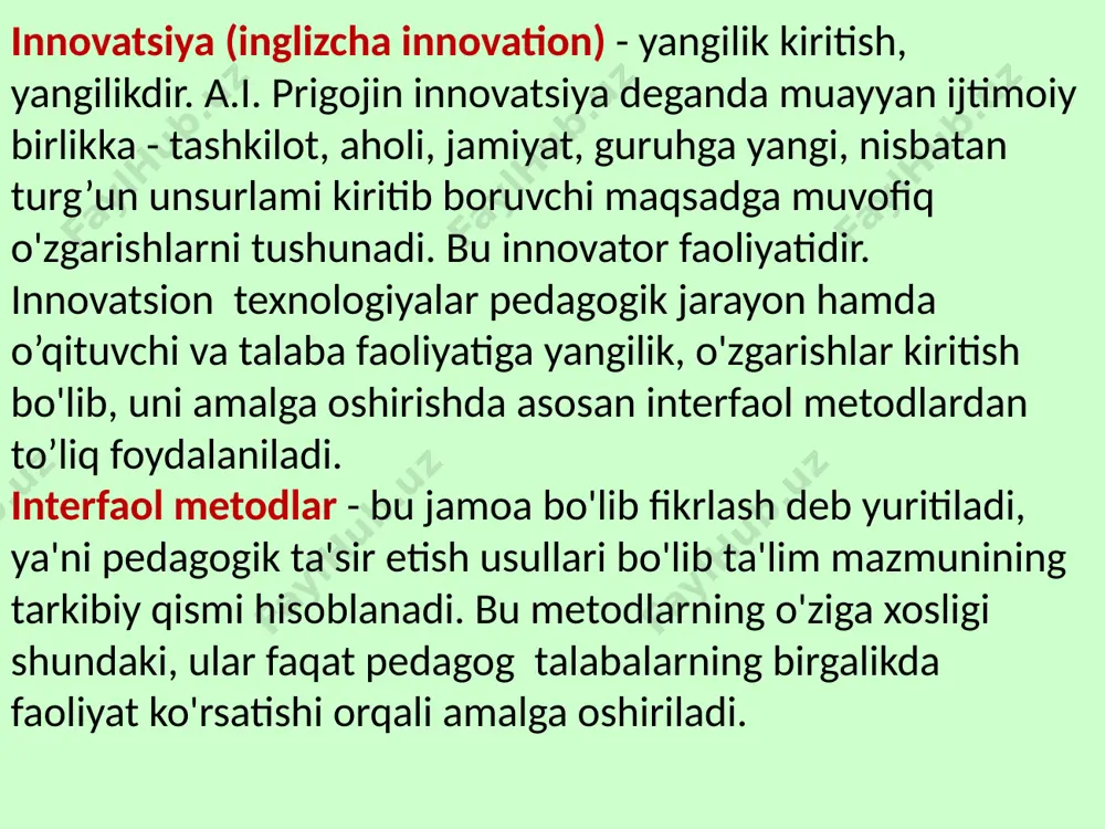 vriy takrorlanishi va qaytishi qonuni. ayovsiz bemaromlik qonunida pedagogik jarayon va hodisalar to’g’risidagi yaxlit tasavvurlar buziladi, pedagogik ong bo'linadi, pedagogik yangilik baholanadi va u yangilikning ahamiyati va himmatini keng yoyadi. qoliplashtirish (stereotiplashtirish) qonuni shundan iboratki, unda pedagogik innovatsiya fikrlashni bir qolipgatushirish va amaliy harakatga o'tish tendensiyasiga ega bo'ladi. bunday holatda pedagogik qolip (stereotip) qoloqlikka, boshqa yangiliklaming amalga oshish yo'liga to'siq bo'lishga majbur bo'ladi. pedagogik innovatsiyaning davriy takrorlanishi va qaytishi qonunining mohiyati shundaki, unda yangilik yangi sharoitlarda qayta tiklanadi. o’qituvchining innovatsiya faoliyati tuzilmasidagi eng muhim komponent bu reflektsiyadir. refleksiya o’qituvchining o'z ongi va faoliyatini belgilash va tahlil qila olish deb qaraladi. pedagogikaga oid adabiyotlarda reflektiv jarayonlarni izohlashning ikki an'anasi mavjudligi aytiladi: -ob’ektlar mohiyatini izohlashga va ularni konstruktsiyalashga olib keladigan ongning reflektiv tahlili; -shaxslararo muloqot ma'nosini tushunish reflektsiyasi. bu bilan bog’liq ravishda pedagog olimlar quyidagi reflektiv jarayonlarni farqilaydilar: o'z-o'zini va boshqalarni tushunish; o'z-o'ziga va boshqalarga baho berish; o'z-o'zini va boshqalarni izohli tahlil …