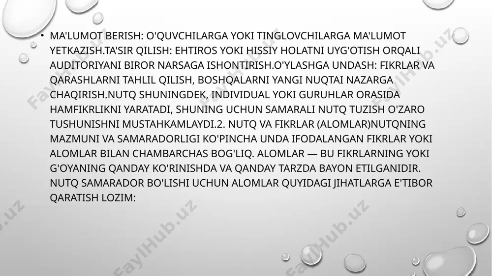 qali fikrlarni ifodalash va bu fikrlarni tinglovchiga aniq va ta'sirli tarzda yetkazishga asoslanadi. nutqning yaxshi tashkil etilishi faqat odamlar o'rtasida muloqotni yaxshilabgina qolmay, balki jamiyatning umumiy rivojlanishiga ham yordam beradi. image2.png image4.png image3.png image1.png /docprops/thumbnail.jpeg