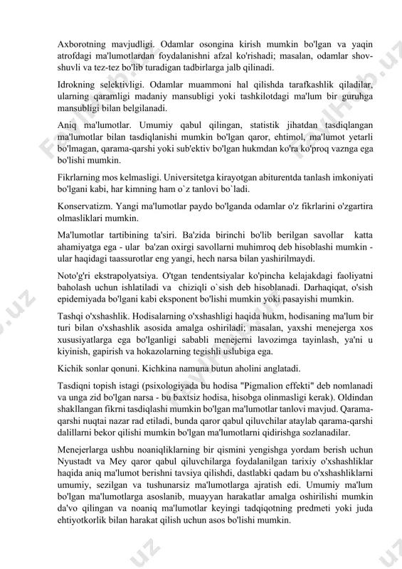 ratsional qidiruv jarayoniga va tashkiliy metodologiyaga muvofiq echimlarni topishga qaratiladi. 4. o'zgartirilgan tadqiqotlar. bu ilgari topilgan to'g'ri yechimlar ushbu yechimning o'ziga xos xususiyatlariga qarab o'zgartirilgan keng qamrovli dastlabki tadqiqotlardir. 5 va 6. asosiy va operatsion rejalashtirish. ko'rinib turibdiki, ushbu ikki turdagi qarorlar qaror turiga cheklangan ratsionallik bilan yaqinlashmoqda, chunki an'anaviy usulda qabul qilingan qaror qat'iy rivojlanish va baholashga urinish bilan davom etadi. ijro tashkilotlarda qarorlarni qabul qilishning ijrosi va samaradorligi masalasi doimo e'tibordan chetda qolgan, muammo echimlarning amalga oshirilishini baholash uchun mos mezonlarni toppish zarur. dalillarni o'rganish hal etilish samaradorligini baholashning ikkita mezoniga bog`liq . birinchidan, maqsadga erishish - moliyaviy va moliyaviy bo'lmagan asosiy maqsadlarga erishilganlik darajasi. yana bir xarakteristikasi - bu qarorni qabul qilish va unga bog'liq jarayonlar bilimlarni egallashga hissa qo'shish darajasi. qaror qabul qilishda ma'lumotdan qanday foydalanishni tanlashning asosiy omillari quyidagilardir: axborotning mavjudligi. odamlar osongina kirish mumkin bo'lgan va yaqin atrofdagi ma'lumotlardan foydalanishni afzal ko'rishadi; masalan, odamlar …