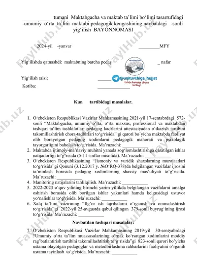 maktabgacha va maktab ta’limi bo‘limi tasarrufidagi umumiy o‘rta ta’lim maktabi pedagogik kengashining navbatdagi yig‘ilish bayonnomasi — DOCX