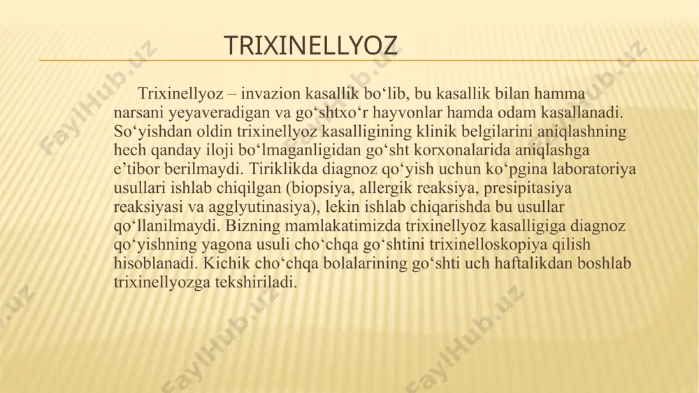 m. ohaklangan trixinellalar c-rasm. sun’iy me’da suyuqligi yordamida ajratilgan kapsulaga o‘ralgan trixinellalar trixinellalarning erkin lichinkalari proeksion trixinellyoskopiya o‘tkazish. . proyeksion trixinellyoskopiya o‘tkazish. proeksion trixinelloskopiya usuli boshqa oddiy usullardan yaxshiroq. tekshirishni o‘tkazayotgan kishi ekranda go‘sht kesimini butunlay ko‘radi, bu esa kishi ko‘zini toliqtirmaydi va 45-60 namunani bir soat mobaynida tekshirish qobiliyatiga ega bo‘ladi. bu moslama qorong‘i xonalarga o‘rnatilgan bo‘lib, yonidagi xonada kompressoriumda go‘sht kesimlari tayyorlanib berib turiladi. ishni boshlashdan oldin ekrandagi yorug‘likning bir tekisligi tekshiriladi. keyin esa kompressorium apparatining harakatlanuvchi ramkasiga o‘rnatiladi. go‘sht kesimi tasviri oynaga bu orqali ekranga tushadi. ramkaga o‘rnatilgan kompressorium harakatlantirib, go‘sht kesimini ekrandagi tasvirini aniq qilish mumkin. proeksion trixinelloskopiya usuli asosan konservasiya qilinmagan go‘sht uchun ishlatiladi. . trixinelloskopiya o‘tkazishda go‘sht kesimlariga ishlov berish trixinelloskopiya o‘tkazishda go‘sht kesimlariga ishlov berish. konservatsiya qilingan (muzlatilgan, tuzlangan, tuzlab dudlangan) go‘shtlarni trixinelloskopiya qilish paytida go‘sht kesimlariga ishlov beriladi. muzlatilgan go‘shtdan preparat tayyorlashda avvalo bu go‘sht eritiladi, keyin esa qalinligi 1,5 mm bo‘lgan …