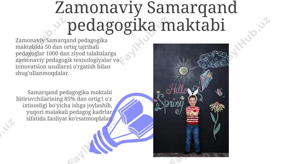 a maktabida talabalarning 80% dan ortig'i kamida bitta ilmiy-amaliy konferensiyada ishtirok etadi va 30 dan ortiq maqola chop etadi. maktabning kelajakdagi rejalar va istiqbollari maktab xalqaro hamkorlikni kengaytirish maqsadida kelasi 3 yil ichida 5 ta xorijiy universitet bilan hamkorlik shartnomalari imzolashni ko'zda tutmoqda. samarqand pedagogika maktabi kelgusi 5 yilda o'quv jarayonini 100% raqamlashtirishni, shu jumladan sun'iy intellekt texnologiyalarini qo'llashni rejalashtirmoqda. o'tgan asrning pedagogik yutuqlari 01 02 o'tgan asrning 20-yillarida samarqand pedagogika maktabida eksperimental ta’lim usullari, jumladan, montessori metodlari sinab ko'rilgan va ularning samaradorligi o'rganilgan. sales 1st qtr 2nd qtr 100 0 sales 1st qtr 2nd qtr 100 0 yetakchi o'qituvchilar va ularning tajribasi maktabda 15 dan ziyod yetakchi o‘qituvchi faoliyat ko‘rsatib, har yili o‘rtacha 50 dan ortiq yosh o‘qituvchilarni mentorlik dasturi orqali tayyorlaydi va ularning professional rivojlanishiga hissa qo'shadi. 25 yildan ortiq pedagogik faoliyat tajribasiga ega bo‘lgan yetakchi o‘qituvchilar o‘quv jarayonini takomillashtirish bo‘yicha 10 dan ortiq ilmiy maqola va metodik …