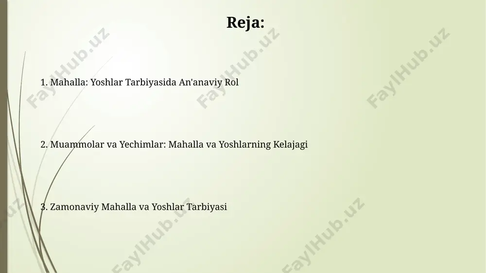 lan tanishdilar. toshkent shahridagi 5 ta mahalla qo'shma harakatlari natijasida yoshlar o'rtasida sport musobaqalari tashkil etilib, 200 dan ortiq yigit-qizlarning jismoniy va axloqiy tarbiyasiga ijobiy ta'sir ko'rsatdi. zamonaviy mahalla va yoshlar muammolari андижон вилоятидаги сўровнома натижаларига кўра, маҳалла фаолларининг 45%и ёшлар билан ишлашда замонавий технологиялардан етарлича фойдалана олмаслигини кўрсатди. самарқанд вилоятидаги 5 та маҳаллада ўтказилган тадқиқот, ёшларнинг 60%и маҳалла тадбирларига қизиқишсизлигини ва бунинг оқибатида 20-30 ёшли ёшлар орасида руҳий касалликларга чалиниш ҳолатларининг кўпайишини кўрсатди. oila va mahalla hamkorligi yoshlar tarbiyasida toshkent shahridagi 5 ta mahallada o'rganilgan ma'lumotlarga asoslanib, mahalla hududlarida tashkil etilgan sport va san'at to'garaklari yoshlarning ijtimoiy moslashuviga 30% ijobiy ta'sir ko'rsatmoqda. oila va mahalla hamkorligi samarqand viloyatida 2022-yilda o'tkazilgan tadqiqotlarga ko'ra, 15 yoshgacha bo'lgan yoshlarning 70% mahalla faollarining ta'siri ostida tarbiyalanmoqda. mahallada yoshlarni ijobiy faoliyatga jalb qilish тошкент шаҳридаги 5-маҳалла 2023 йилда 15-25 ёшли 300 дан ортиқ ёшларни спорт ва санъатга оид турли дастурларга жалб қилди, бу жиноятчиликнинг …