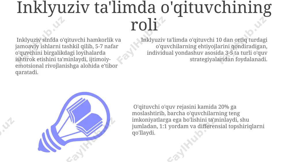 muhitini boyitadi va ijtimoiylashuvni rivojlantiradi. integratsiyalashgan ta'lim samaradorligini baholashda o'quvchilarning akademik ko'rsatkichlari (50%) va ijtimoiy-emosional rivojlanishi (50%) kabi bir nechta mezonlarni hisobga olish muhim. inklyuziv ta'limda qo'llaniladigan strategiyalar inklyuziv ta'limda o'quvchilarning individual ehtiyojlarini aniqlash uchun kamida 3 xil baholash usuli qo'llaniladi, masalan, kuzatish, testlar va intervyular orqali. keyinchalik, shaxsiylashtirilgan ta'lim rejalari (iep) ishlab chiqiladi. inklyuziv ta'limda differensiatsiya – o'quv materiallari va topshiriqlarining o'quvchilarning turli qobiliyat va ehtiyojlariga moslashtirilishi muhim ahamiyatga ega bo'lib, kamida 2 xil darajadagi topshiriqlar taklif etiladi. inklyuziv sinf xonalarida hamkorlikka asoslangan o'qitish (cooperative learning) strategiyasi keng qo'llaniladi, bu yerda 4-5 kishilik guruhlarda o'quvchilar birgalikda ishlaydi va bir-birlarini qo'llab-quvvatlaydi. integratsiyalashgan ta'limda o'quvchilarning xilma-xilligi integratsiyalashgan ta'limda 20% dan ortiq o'quvchilar turli xil o'rganish ehtiyojlariga ega bo'lishi mumkin, bu esa pedagogik strategiyalarni diversifikatsiya qilishni talab qiladi. o'quvchilarning etnik, madaniy va ijtimoiy-iqtisodiy xilma-xilligi sinf xonasida 3-5 ta asosiy tilning mavjudligini keltirib chiqarishi mumkin, bu o'qituvchilar uchun qo'shimcha resurslarni talab qiladi. integratsiyalashgan …