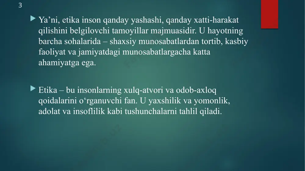 i mas'uliyat va mehribonlik. ish faoliyatida: ishga vijdonan yondashish, mijozlar va hamkasblarga hurmat bilan munosabatda bo‘lish. jamiyatda: kattalarga hurmat, qoida va qonunlarga rioya qilish, boshqalarga nisbatan bag‘rikeng bo‘lish. 13 agar axloq falsafasi jamiyatda bo‘lmasa, unda tartibsizlik, adolatsizlik va ishonchsizlik kabi salbiy holatlar yuzaga keladi. axloqiy tamoyillar jamiyatni tartibga solib turuvchi asosiy omillardan biri bo‘lib, u bo‘lmasa, quyidagi muammolar paydo bo‘lishi mumkin: 1. tartibsizlik va anarxiya 2. ishonchsizlik va adolatsizlik 3. munosabatlarning buzilishi 4. zo‘ravonlik va nizolar ko‘payish 5. taraqqiyotning to‘xtashi 14 15 1. axloq falsafasi insonning to‘g‘ri va noto‘g‘ri tushunchalarini o‘rganadi. 2. u jamiyatdagi hurmat, adolat va halollik asoslarini belgilaydi. 3. zamonaviy dunyoda axloq texnologiya va inson huquqlari bilan bog‘liq. 4. shaxsiy manfaat va jamiyat farovonligi o‘rtasida muvozanat muhim. 5. axloqiy qadriyatlarning o‘zgarishi ijtimoiy kelishmovchiliklarga sabab bo‘lishi mumkin. 6. texnologiyaning rivojlanishi yangi axloqiy muammolarni yuzaga keltiradi. 7. global axloqiy tamoyillar inson huquqlari va tenglikni targ‘ib qiladi. 8. axloqiy inqiroz ishonchsizlik …