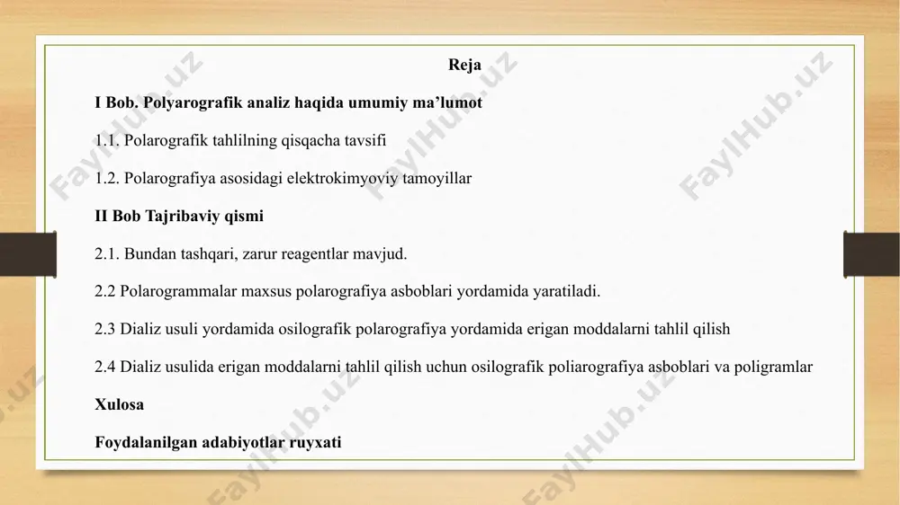 i yoki shaffof bo'lmagan eritmalarning ekvivalent neytrallanish nuqtasini indikator birikmalar bilan titrlash orqali aniqlash qiyin. eritma konduktometrik usulda titrlanganda, uning ma'lum sabablarga ko'ra rangli bo'lishi elektr o'tkazuvchanligiga ta'sir qilmaydi. yuqorida aytilganlarga qo'shimcha ravishda, bu usul turli komponentlarning eritmalarini tahlil qilish uchun ishlatilishi mumkin, masalan, bir nechta kislotalar aralashmasidan tashkil topgan tizimlar. polarografik tahlil namunaning elektrodida (katodida) metall ionlarini, ayniqsa qaytarilgan metall ionlarini aniqlashda juda muhimdir . ko'pgina boshqa usullarga o'xshab, polarografik tahlil suyuq elektroddan (katod va anod) foydalanadi. quvvat liniyasi - batareya (1) quvvatga (2) simob reostati bilan ta'minlangan katod va anod elektrodlari, vodorod gazi bilan ketma-ket, (2) birga. eritmada qaytib ionlar bo'lmasa , qaytarish jarayoni to'xtatilmagan bo'lsa ham, oqim eritmadan o'tmaydi. bunday holda, oqim va egri chiziq o'rtasidagi munosabatlar abscissa o'qiga parallel bo'lgan egri chiziqqa o'xshash bo'ladi. element eritmasining dastlabki elektrolizidan so'ng, chap tomondagi ta'sirni tahlil qilish uchun ma'lum bir konsentratsiya oralig'ida bir juft depolarizator ishlatilgan. metalllar simobning kichik …
