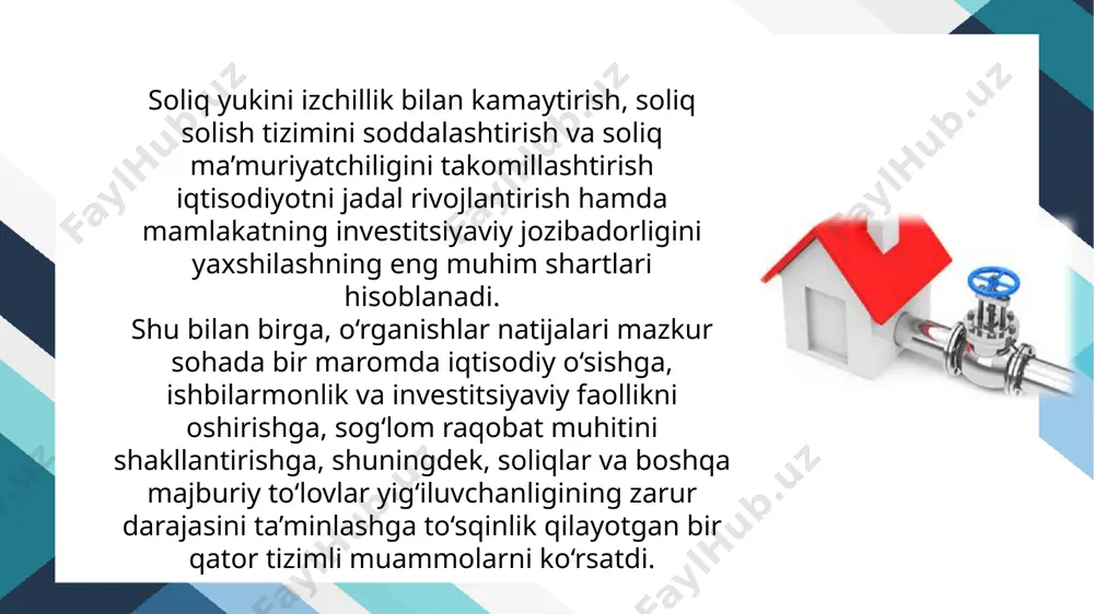 a uni hayotga tadbiq etishni uning fundamental asoslarini aniqlab olishsiz tasavvur etib bo’lmaydi. soliqlar muammosi bizning mamlakatimizda amalga oshirilayotgan iqtisodiy islohotlar amaliyotidagi eng murakkab muammolardan biri hisoblanadi. bugungi kunda juda keskin tanqidga uchrayotgan, juda qaynoq munozaralarga sabab bo’layotgan, isloh qilish bo’yicha tahlil ob’ekti va qarama-qarshi g’oyalarga ega bo’layotgan soliqlardan bo’lak islohotlarning boshqa bir yo’nalishi yo’q. tabiiyki, ideal (benuqson) soliq tizimini jamiyatdagi iqtisodiy munosabatlarning o’ziga xos xususiyatlari, undagi yaratilgan ilmiy va ishlab chiqarish salohiyatini hisobga oluvchi muhim nazariy asos yordamidagina yaratish mumkin. soliq tizimi tadbirkorlikning taraqqiy etishiga yordam berishi va bir vaqtning o’zida aholining kam ta’minlangan qatlami turmush tarzining pasayib ketishiga to’sqinlik qilishi kerak. ana shunday sharoitda soliq tizimini tashkil qilishning asosiy printsiplari tariqasida quyidagilarni ko’rsatish mumkin: ✓ yuridik va jismoniy shaxslarning daromadlari, ularning mulkiy ahvolini hisobga olish imkonini beruvchi soliq tizimi, ularning turlari, to’g’ri (bevosita) hamda egri (bilvosita) soliqlar nisbatining bozor iqtisodining rivojlanishiga mos tarzda rivojlanishi; ✓ mulkchilik shakliga va …