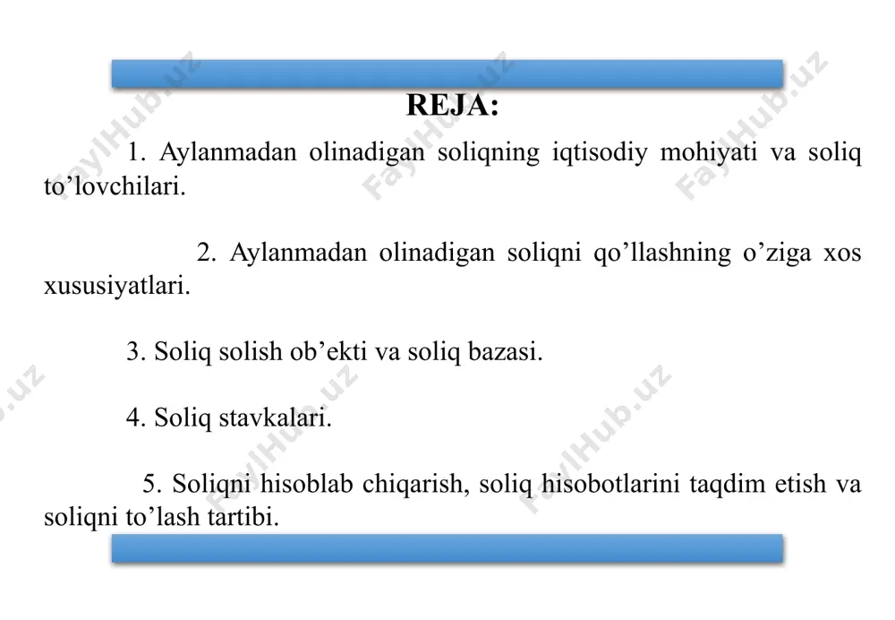 ning 2005-yil 20-iyundagi «mikrofirmalar va kichik korxonalarni rivojlantirishni rag‘batlantirish borasidagi qo‘shimcha chora-tadbirlar to‘g‘risida»gi pf-3620-son farmoniga muvofiq 2005-yilning 1-iyulidan boshlab o‘zbekiston soliq tizimi amaliyotida kichik biznes subyektlarining ba’zi toifalari uchun yagona soliq to‘lovi joriy qilindi. 5 aylanmadan olinadigan soliqning iqtisodiy mohiyati va soliq to’lovchilari 2020-yil 1-yanvardan yangi tahrirdagi soliq kodeksining kuchga kirishi bilan yagona soliq to’lovi o’rniga aylanmadan olinadigan soliq joriy etildi. aylanmadan olinadigan soliq iqtisodiy mohiyatiga ko’ra bevosita soliq bo’lib, amaldagi soliq kodeksining 461-470 moddalariga muvofiq undiriladi. soliq kodeksining 461-moddasiga muvofiq, aylanmadan olinadigan soliqni to’lovchilar deb quyidagilar e’tirof etiladi: 1) soliq davrida tovarlarni (xizmatlarni) realizatsiya qilishdan olingan jami daromadi bir milliard so’mdan oshmagan o’zbekiston respublikasi yuridik shaxslari; 2) soliq davrida tovarlarni (xizmatlarni) realizatsiya qilishdan olingan daromadi yuz million so’mdan oshgan, lekin bir milliard so’mgacha bo’lgan yakka tartibdagi tadbirkorlar. 6 aylanmadan olinadigan soliqning iqtisodiy mohiyati va soliq to’lovchilari 2020-yil 1-yanvardan yangi tahrirdagi soliq kodeksining kuchga kirishi bilan yagona soliq to’lovi o’rniga …