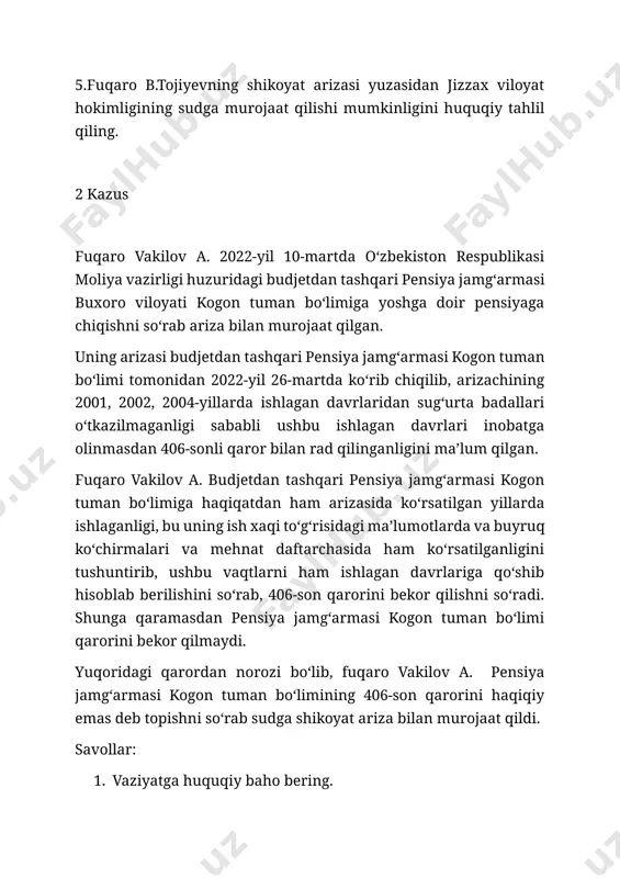 artda ko‘rib chiqilib, arizachining 2001, 2002, 2004-yillarda ishlagan davrlaridan sug‘urta badallari o‘tkazilmaganligi sababli ushbu ishlagan davrlari inobatga olinmasdan 406-sonli qaror bilan rad qilinganligini ma’lum qilgan. fuqaro vakilov a. budjetdan tashqari pensiya jamg‘armasi kogon tuman bo‘limiga haqiqatdan ham arizasida ko‘rsatilgan yillarda ishlaganligi, bu uning ish xaqi to‘g‘risidagi ma’lumotlarda va buyruq ko‘chirmalari va mehnat daftarchasida ham ko‘rsatilganligini tushuntirib, ushbu vaqtlarni ham ishlagan davrlariga qo‘shib hisoblab berilishini so‘rab, 406-son qarorini bekor qilishni so‘radi. shunga qaramasdan pensiya jamg‘armasi kogon tuman bo‘limi qarorini bekor qilmaydi. yuqoridagi qarordan norozi bo‘lib, fuqaro vakilov a. pensiya jamg‘armasi kogon tuman bo‘limining 406-son qarorini haqiqiy emas deb topishni so‘rab sudga shikoyat ariza bilan murojaat qildi. savollar: 1. vaziyatga huquqiy baho bering. 2. vaziyatdan kelib chiqib qonun hujjatlari asosida ma’muriy hujjatga qo‘yilgan talablarni yoritib bering. 3. ma’muriy hujjatga o‘zgartirish kiritish va bekor qilish tartibini yoritib bering. 4. “ma’muriy tartib-taomillar to‘g‘risida”gi qonun prinsiplarini qo‘llagan holda vaziyatni tahlil qiling. 5. vaziyatdan kelib chiqib …