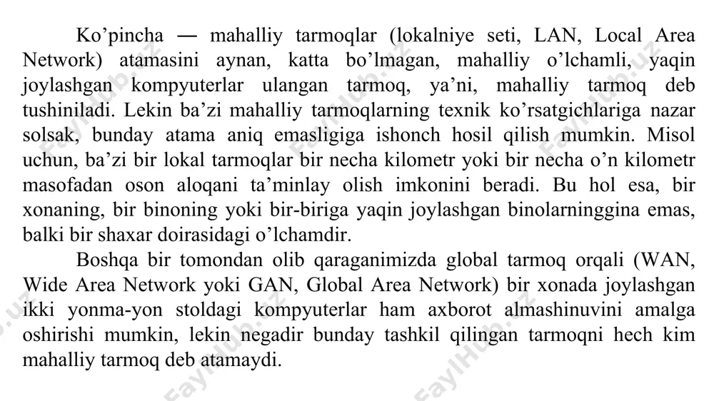 ishlatilayotgan dasturiy ilovalarni tushuniladi. bu holda tarmoqqa о’z resurslarini berayotgan ilova serverdir, faqat tarmoq resurslaridan foydalanayotgan ilova esa mijozdir. tarmoqni uch xil topologiyasi mavjuddir: shina (bus), hamma kompyuterlar bitta aloqa yо’liga parallel ulangan va axborot har bir kompyuterdan bir vaqtning о’zida qolgan kompyuterlarga uzatiladi (8.1 – rasm); yulduz (zvezda, star) bitta markaziy kompyuterga qolgan hamma tashqi kompyutrlar ulanadi, har bir kompyuter alohida о’z aloqa yо’llaridan foydalanadi (8.2 – rasm); halqa (kolso, zing), har bir kompyuter har doim axborotni faqat bitta zanjirda joylashgan keyingi kompyuterga uzatadi, axborotni esa zanjirda bitta oldinda joylashgan kompyuterdan oladi va bu zanjir yopiq ya’ni halqasimondir (8.3 – rasm). 8.1 – rasm. «shina» tarmoq topologiyasi. 8.2 – rasm. «yulduz» tarmoq topologiyasi 8.3 – rasm. «halqa» tarmoq topologiyasi. «shina» topologiyasi (ba’zi hollarda «umumiy shina» ham deb ataladi) о’z tashkiliy qismi bilan tarmoq kompyuter qurilmalarining bir turda bо’lishini va barcha abonentlar teng huquqligini taqazo qiladi. bunday ulanishda kompyuterlar axborotni …