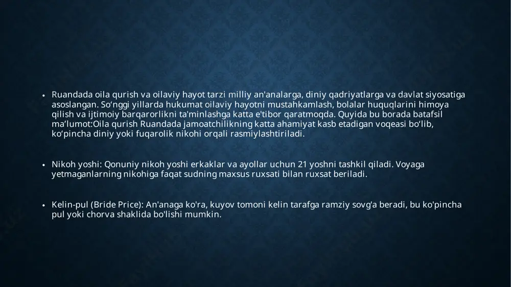 dasturi bo‘yicha eng kambag‘al oilalar yiliga o‘rtacha 40-60 aqsh dollari olishi mumkin. bu mablag‘ odatda mahalliy valyutada (ruanda franki) beriladi. xalqaro dasturlar orqali bir martalik yordam yoki kichik miqdorda subsidiyalar (masalan, 5-10 dollar oylik) taqdim etilishi mumkin. ruandada bola puli tizimi an’anaviy shaklda emas, ammo qashshoq oilalarga yordam ko‘rsatish uchun turli ijtimoiy dasturlar mavjud. ushbu yordamlar kambag‘al oilalar va bolalarning sog‘liqni saqlash, ta’lim va oziq-ovqat ehtiyojlarini qoplashga qaratilgan. pul mablag‘lari nisbatan kichik miqdorda bo‘lib, odatda xalqaro yordam tashkilotlari ko‘magida amalga oshiriladi. afrikada o'tkaziladigan turli xil nikoh marosimlari kuyov va kelin o'rtasidagi dastlabki tanishuvdan boshlanadi. yorubada buni' mo mi i move '(meni biling va sizga xabar bering), igboda esa 'ikutu aka n'ulo' (eshikni taqillating) deb ataladi. oila odatda bu jarayonda ishtirok etadi. ruandadagi ijtimoiy yordam dasturlari ruandada bolalarga yoki oilalarga bevosita nafaqa berish o‘rniga, quyidagi dasturlar orqali yordam ko‘rsatiladi: ubudehe dasturi bu qashshoqlikka qarshi kurash dasturi bo‘lib, eng kam ta'minlangan oilalarni …