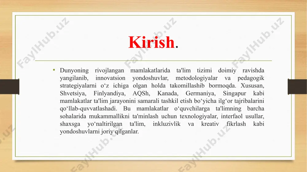 tressni boshqarish va ijtimoiy munosabatlarni rivojlantirish qobiliyatini oshiradi. bu o‘z navbatida tarbiya jarayonining samaradorligini oshiradi. tarbiya jarayonining samaradorligini oshirish uchun xorijiy mamlakatlarda amalga oshirilgan ilg‘or amaliyotlar mahalliy va global qiymatlar asosida tarbiya tajriba: yaponiya va skandinaviya mamlakatlarida ma'naviy-axloqiy tarbiya jarayoni muhim o‘rin tutadi. bu jarayon milliy madaniyat va global qadriyatlarni uyg‘unlashtirishga qaratilgan. natijalar: o‘quvchilar nafaqat o‘z mamlakatining madaniy qadriyatlarini bilishadi, balki global muammolar va boshqalar bilan aloqalar haqida ham chuqurroq tasavvurga ega bo‘ladilar. bu ularga keng dunyoqarashni shakllantiradi va o‘zgaruvchan dunyoda muvaffaqiyatli bo‘lishga yordam beradi. o‘qituvchilarning professional rivojlanishidagi tajriba. tajriba: singapurda o‘qituvchilarning malakasini oshirishga katta e'tibor beriladi. o‘qituvchilar muntazam ravishda malaka oshirish kurslarida qatnashib, yangi pedagogik yondoshuvlar va texnologiyalarni o‘rganadilar. natijalar: o‘qituvchilarning pedagogik malakasi oshgani sayin, ular o‘quvchilarga yanada samarali tarzda ta'lim berishadi, bu esa umumiy ta'lim tizimi samaradorligini oshiradi. o‘qituvchilar va ota-onalar o‘rtasidagi hamkorlik tajriba natijasi. tajriba: finlandiyada o‘qituvchilar va ota-onalar o‘rtasida mustahkam hamkorlik mavjud. ota-onalar dars jarayonida faol …