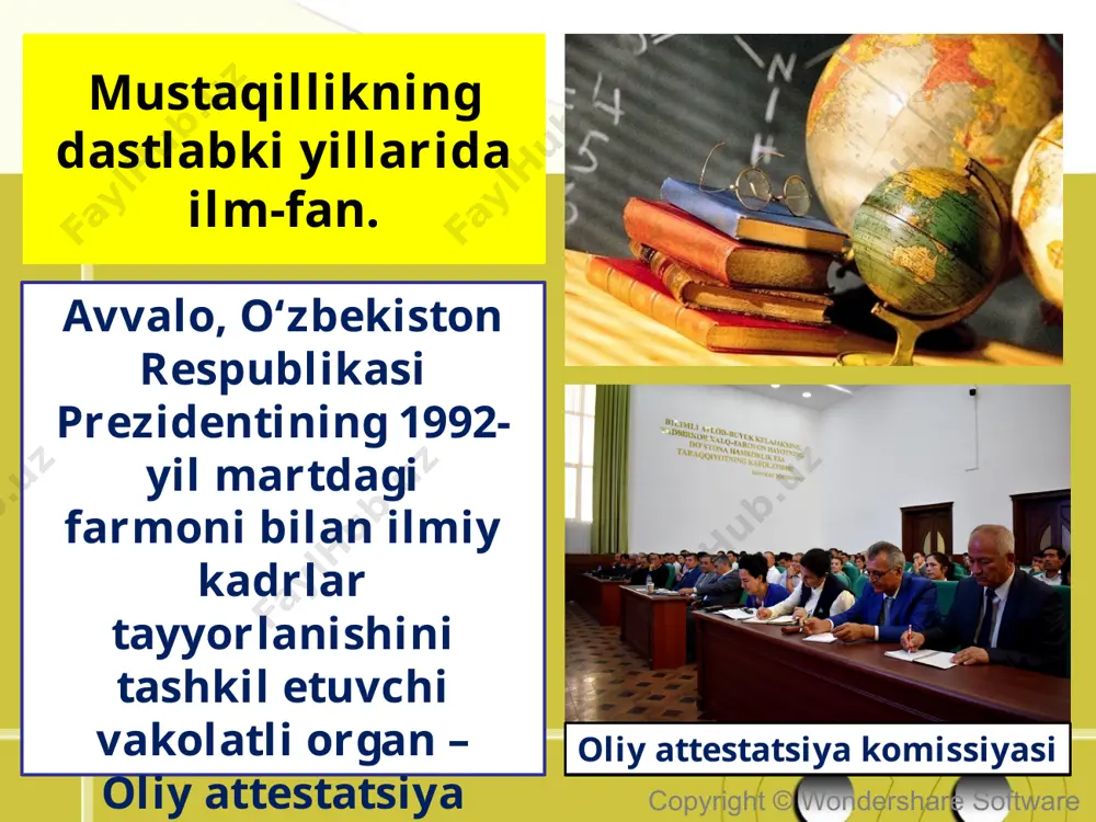 lash borasida ham qator ishlar amalga oshirilmoqda. bu jarayon 2012-yilga qadar fanlar akademiyasi tizimida ilmiy-o‘quv markazlari tashkil etilishi orqali amalga oshirildi. copyright © wondershare software 2012-yildan esa oliy ta’lim tizimida ilmiy sektor rivojini ta’minlash maqsadida fanlar akademiyasining 5 ta ilmiy tadqiqot instituti, 4 ta mintaqaviy ilmiy markazlari ilmiy bo‘linma tarzida qayta tashkil etildi. copyright © wondershare software fanlar akademiyasi tuzilmalarini qisqartirish hamda akademik fan va ta’lim integratsiyasini kuchaytirish maqsadida 2014-yilda 2 ta institut va 1 ta bo‘linma oliy ta’lim muassasalari qoshidagi ilmiy-tadqiqot markazlari sifatida tashkil etildi. copyright © wondershare software ilm-fandagi tub islohotlar. 2016–2017-yillar o‘zbekiston ilm-fanida tom ma’noda tub islohotlar davri bo‘ldi. o‘zbekiston respublikasi prezidenti shavkat mirziyoyev 2016-yil 30-dekabr kuni ilk bor mamlakatimizning yetakchi ilm-fan namoyandalari bilan uchrashdi. copyright © wondershare software image2.png image4.png image3.png image5.jpeg image6.jpeg image7.jpeg image8.jpeg image9.jpeg image10.jpeg image11.jpeg image12.jpeg image13.jpeg image14.jpeg image15.jpeg image16.jpeg image17.jpeg image18.jpeg image19.jpeg image20.jpeg image21.jpeg image1.png /docprops/thumbnail.jpeg