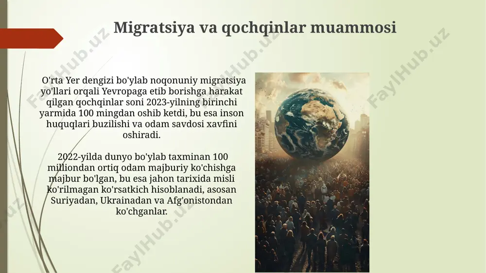 g'liq. kiberterrorizmning global tarqalishi 2022 yilda 50% ga oshgan, bu esa dunyo bo'ylab, xususan, osiyo va yevropa davlatlarida katta moliyaviy va axborot xavfsizligi tahdidini keltirib chiqarmoqda. ta'lim va bilim olish imkoniyatlari 2030 yilgacha bo'lgan davrda o'zbekistonning "innovatsion rivojlanish" strategiyasi doirasida 100 dan ortiq yangi oliy ta’lim muassasalarini qurish va 500 mingdan ortiq talaba qabul qilish rejalashtirilgan. jahon bankining ma’lumotlariga ko'ra, 2022 yilda o'zbekistonda 15 yoshdan oshgan aholining 98% savodxonlik darajasiga ega bo'lib, bu markaziy osiyo mamlakatlari orasida yuqori ko'rsatkich hisoblanadi. energiya ta'minoti va energiya samaradorligi yevropa ittifoqi 2050-yilga kelib, issiqxona gazlari chiqindilarini 80% ga kamaytirish maqsadini qo'ygan bo'lib, bu esa energiya samaradorligini oshirish va qayta tiklanuvchi energiya manbalaridan foydalanishni kengaytirishni talab qiladi. jahon bo'yicha 2030-yilga kelib, energiya talabining 30% ga o'sishi kutilmoqda, bu esa ayniqsa janubiy osiyo va afrikaning rivojlanayotgan mamlakatlarida energiya ta'minoti muammolarini kuchaytirishi mumkin. oziq-ovqat xavfsizligi va ochlik jahon bankining ma'lumotlariga ko'ra, 2022 yilda dunyo bo'yicha 828 million …
