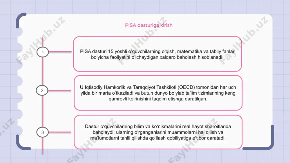 lari bilan kuchli bog'liqdir. pisa dasturida foydalanilgan metodologiya pisa dasturi o‘quvchilarning asosiy fanlar bo‘yicha ta’lim natijalarini xalqaro miqyosda taqqoslanadigan baholashdir. u har uch yilda bir marta o'tkaziladi va 15 yoshli o'quvchilarning o'qish, matematika va tabiiy fanlar bo'yicha ko'rsatkichlarini o'lchaydi. pisa dasturi o‘quvchilarning bilim va ko‘nikmalarini baholash uchun ko‘p tanlovli va ochiq savollarning kombinatsiyasidan foydalanadi. pisa dasturi va uning ta'lim siyosatiga ta'siri pisa dasturi oʻquvchilarning oʻqish, matematika va tabiiy fanlar boʻyicha bilim va koʻnikmalarini xalqaro baholash hisoblanadi. u siyosatchilarga o'z ta'lim siyosatlarining samaradorligini baholash va asosli qarorlar qabul qilishda yordam beradigan qimmatli ma'lumotlarni taqdim etadi. pisa dasturi turli mamlakatlardagi talabalarning ish faoliyatini taqqoslab, ta’lim natijalarini yaxshilash uchun siyosat o‘zgarishi zarur bo‘lgan sohalarni ajratib ko‘rsatadi. 1 2 3 pisa dasturi orqali ta'lim tizimlarini solishtirish pisa dasturi 15 yoshli oʻquvchilarni sinovdan oʻtkazish orqali maktab taʼlim tizimlarini baholaydigan butun dunyo boʻylab tadqiqotdir. iqtisodiy hamkorlik va taraqqiyot tashkiloti (oecd) tomonidan tashkil etilgan. pisa ta’lim tizimlari …